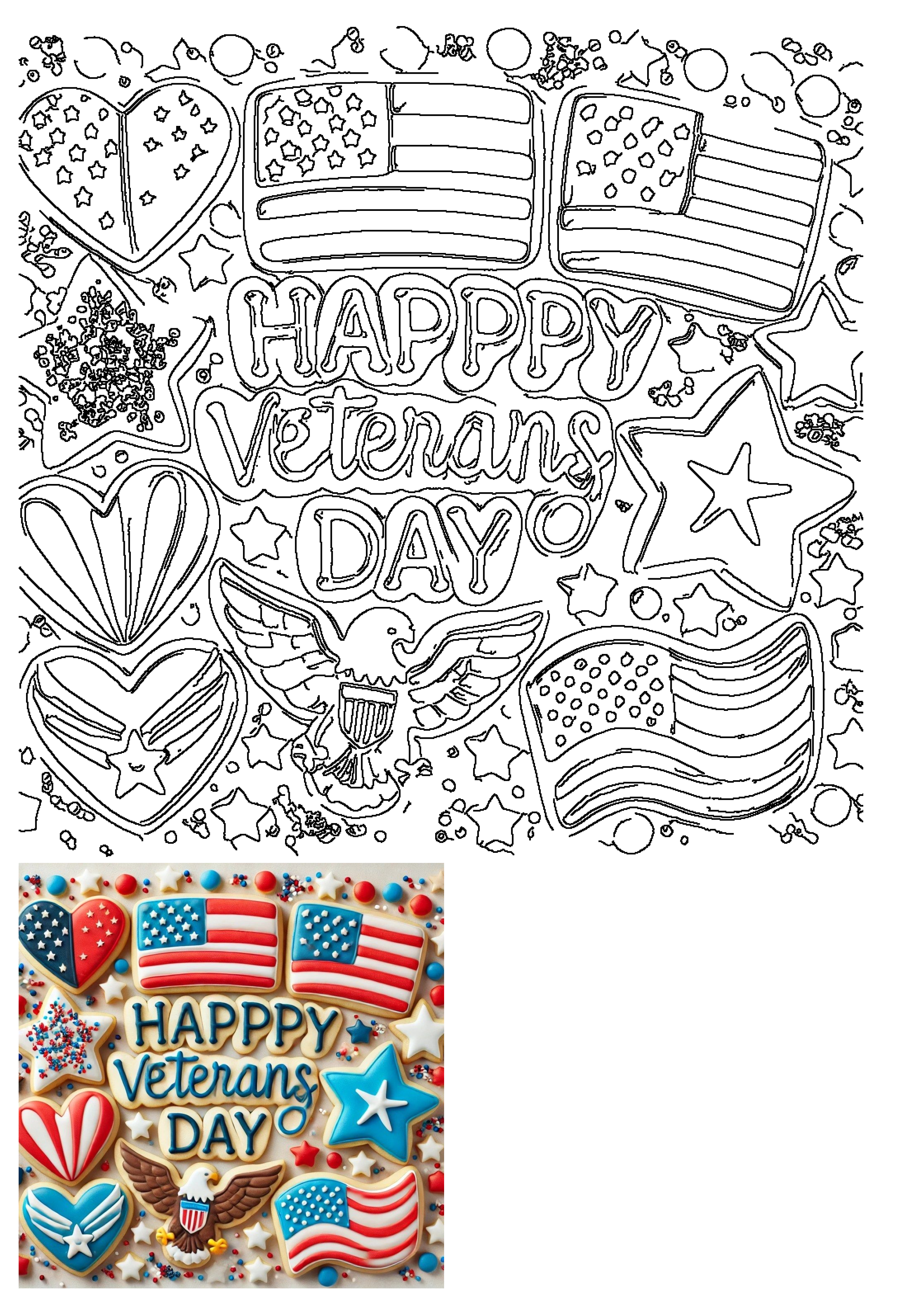 Patriotic Veterans Day cookies line art, featuring American flags, hearts, stars, a bald eagle, and 'Happy Veterans Day' text outline.