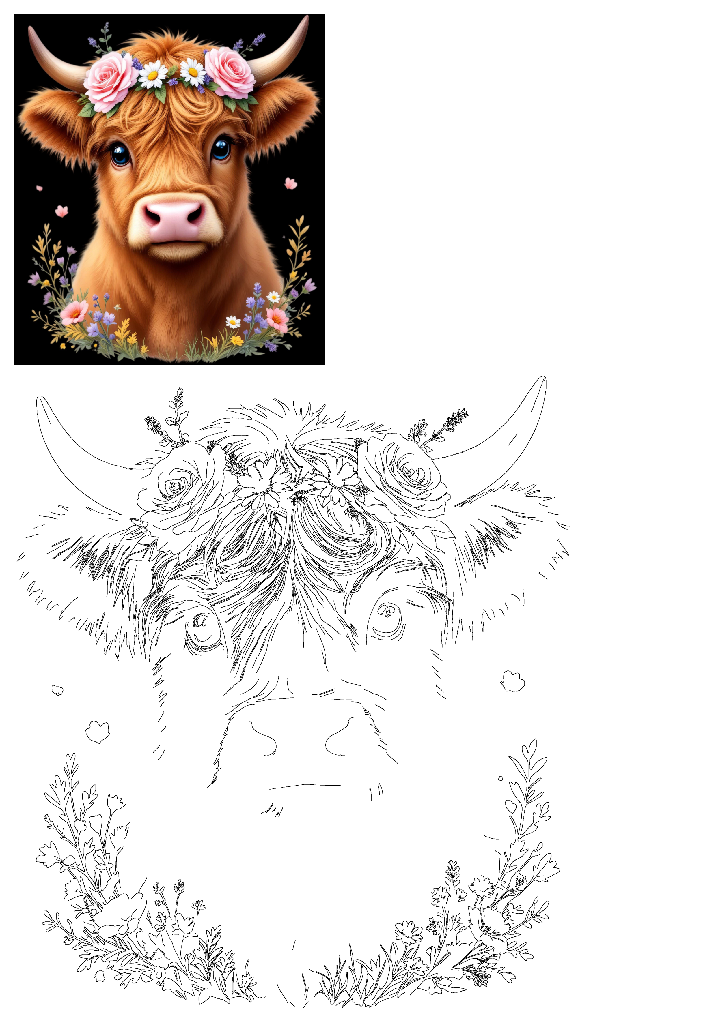 Cute fluffy Highland cow with pink rose flower crown and blue eyes on black, plus a black and white coloring page version.