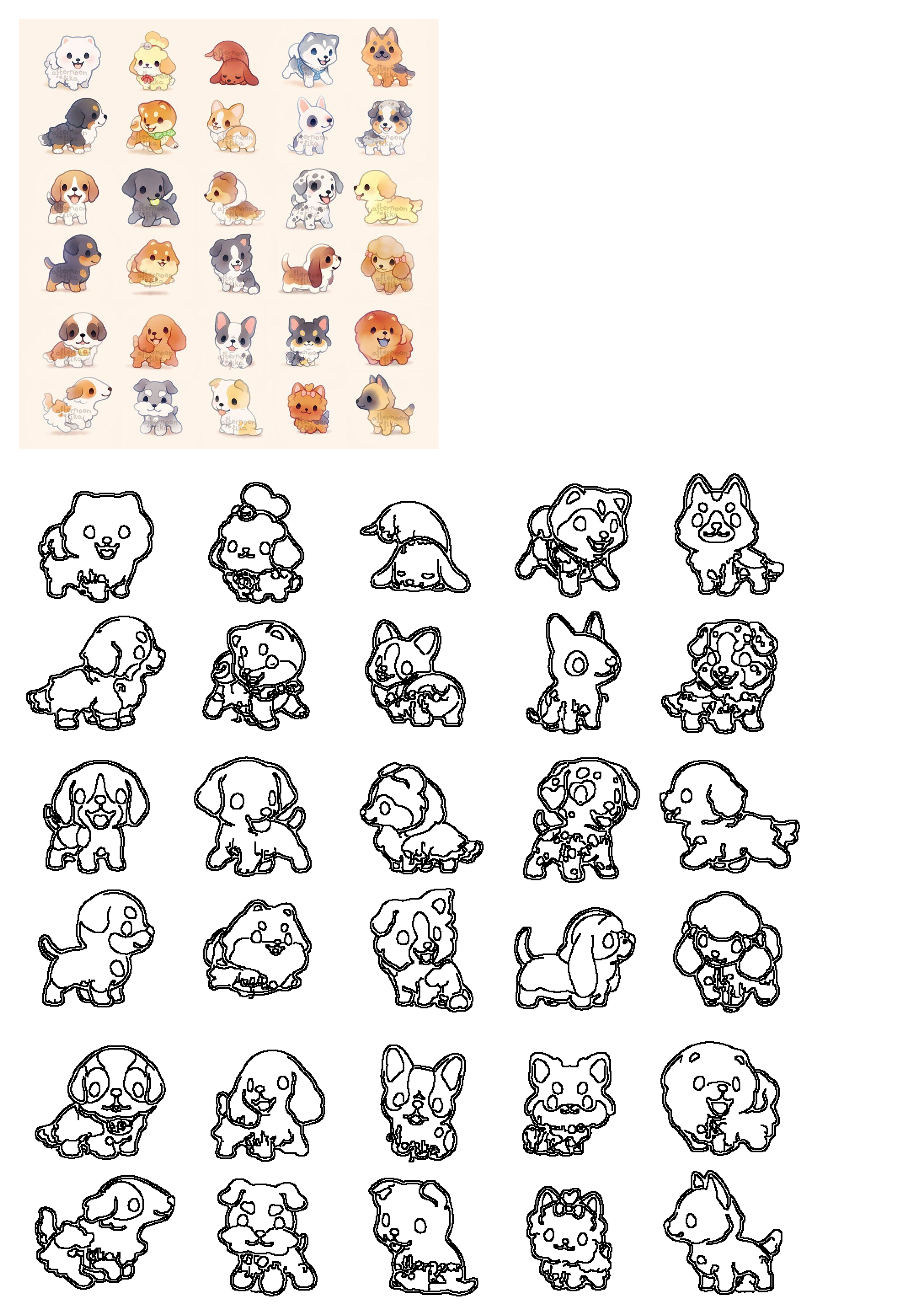 Adorable cartoon dog breed illustrations with their outline versions for coloring. Features many cute puppies like Poodles, Corgis, and Beagles.