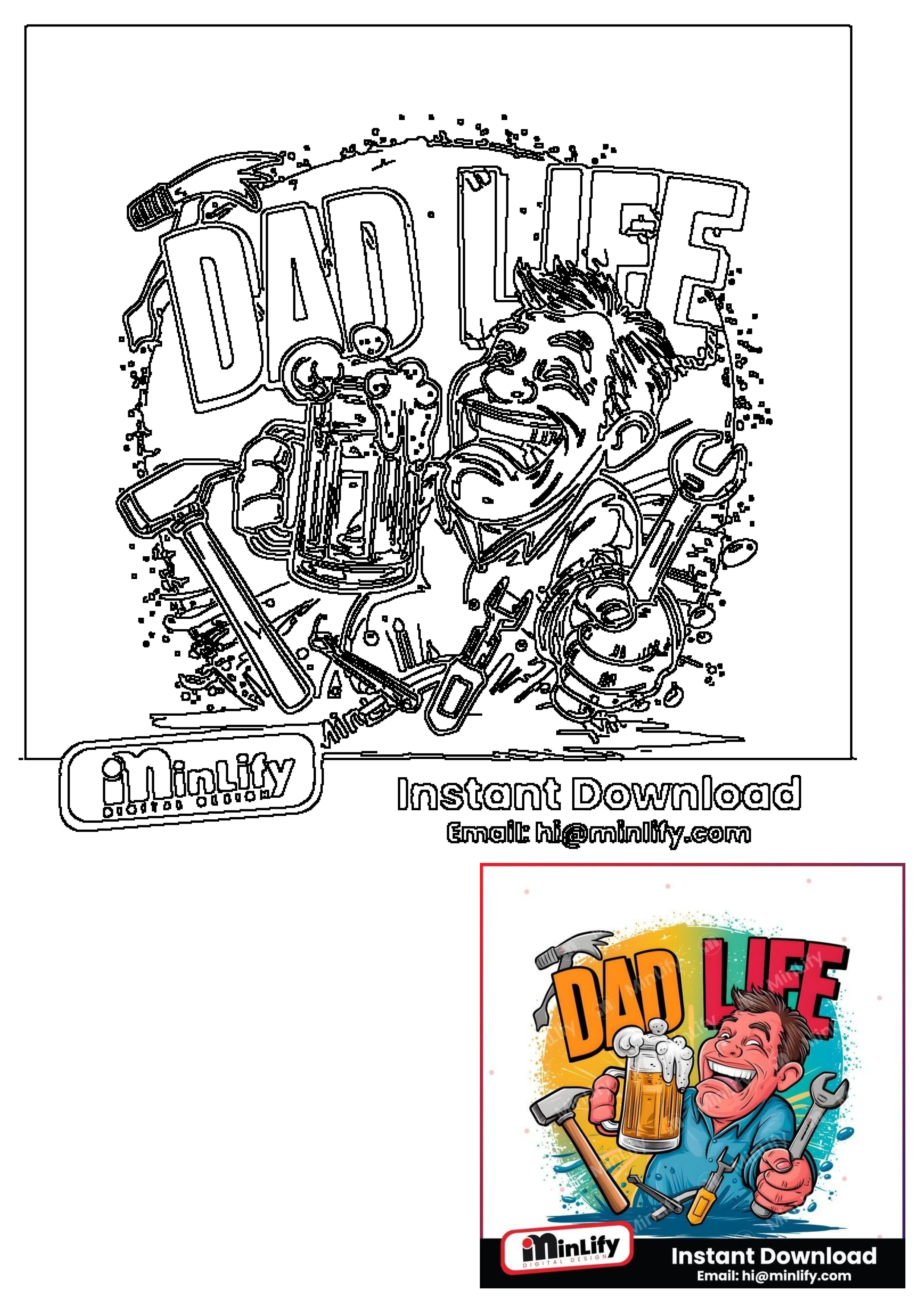 Happy Dad Life illustration featuring a smiling man holding a beer mug, surrounded by tools like a hammer and wrench, perfect for Father's Day.