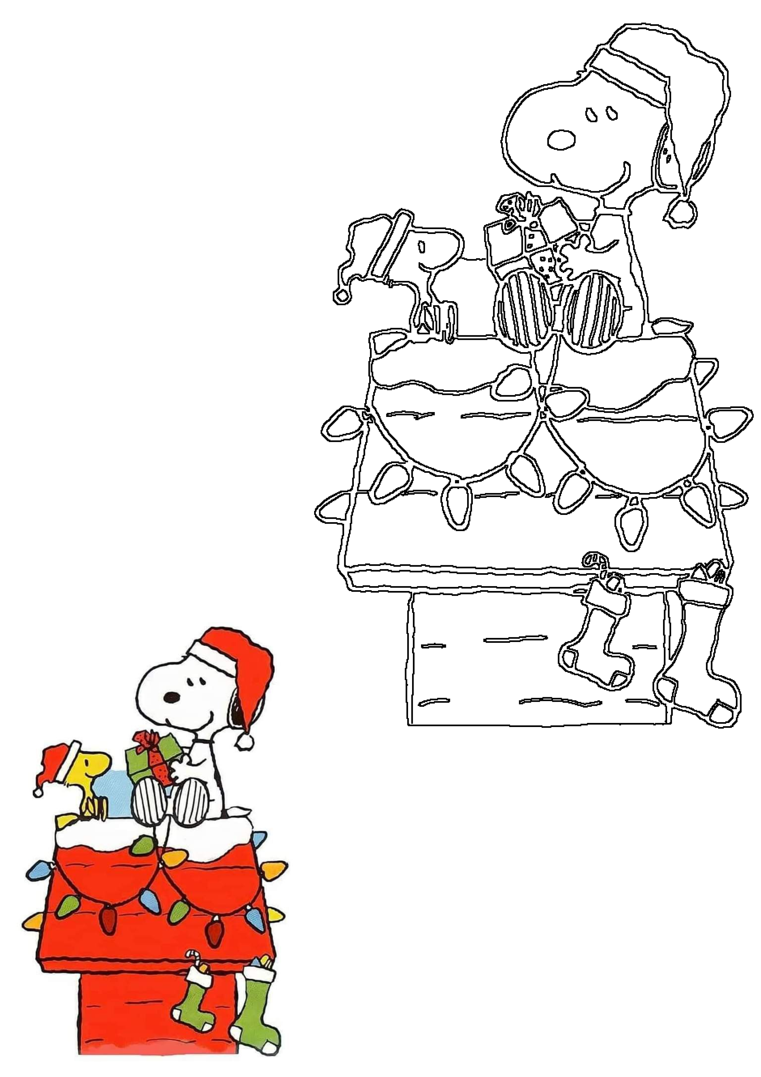 Snoopy and Woodstock celebrate Christmas, wearing Santa hats on a decorated doghouse with lights, gifts, and stockings.