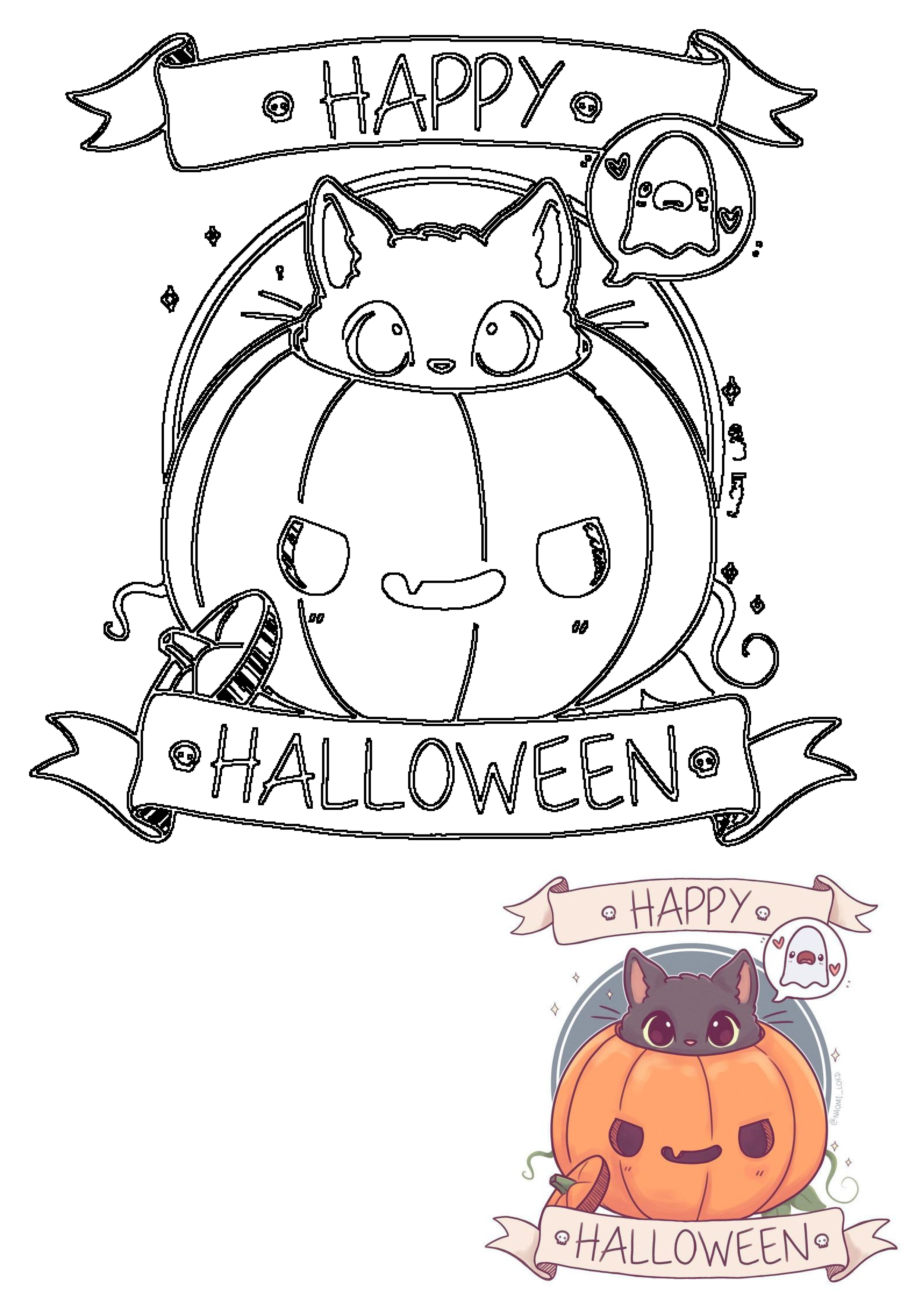 Cute cartoon black cat peeking from a smiling Halloween pumpkin, flanked by 'Happy Halloween' banners and a tiny ghost.