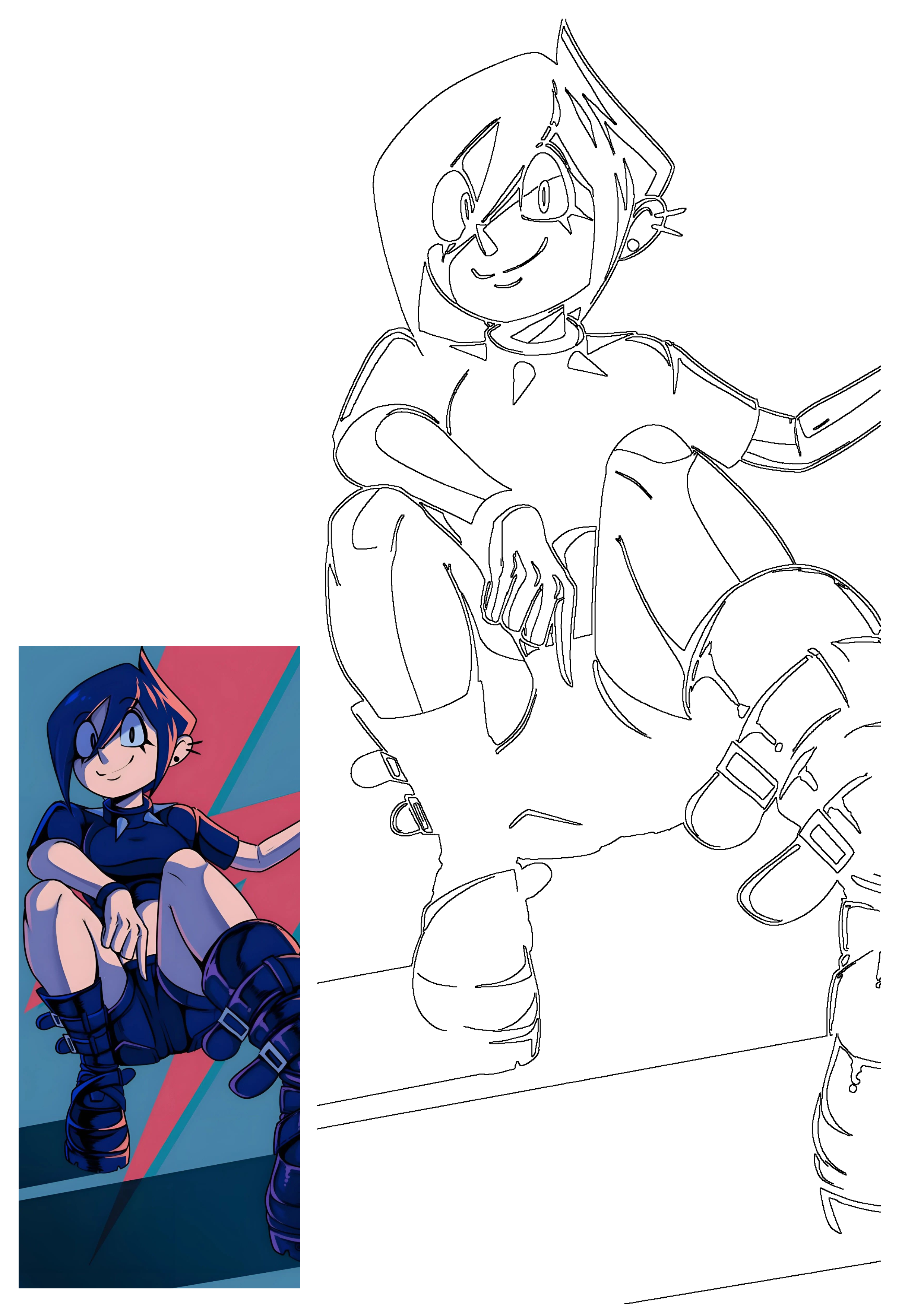 Adalis anime girl character outline drawing, featuring a dynamic pose and mischievous smile, with a colored design reference.