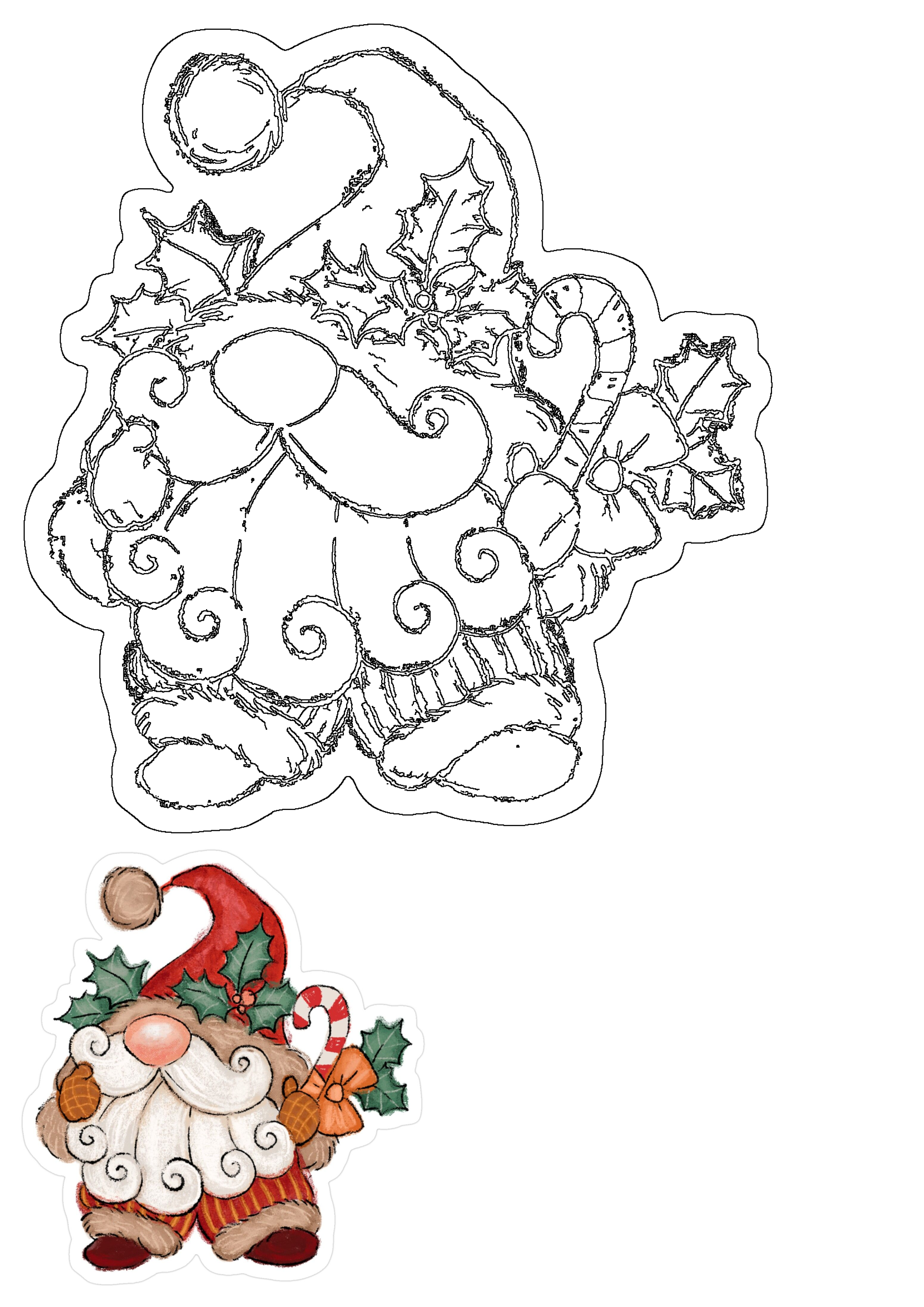 A festive Christmas gnome sticker with a red hat, holly, and candy cane, alongside its black outline illustration for crafting.
