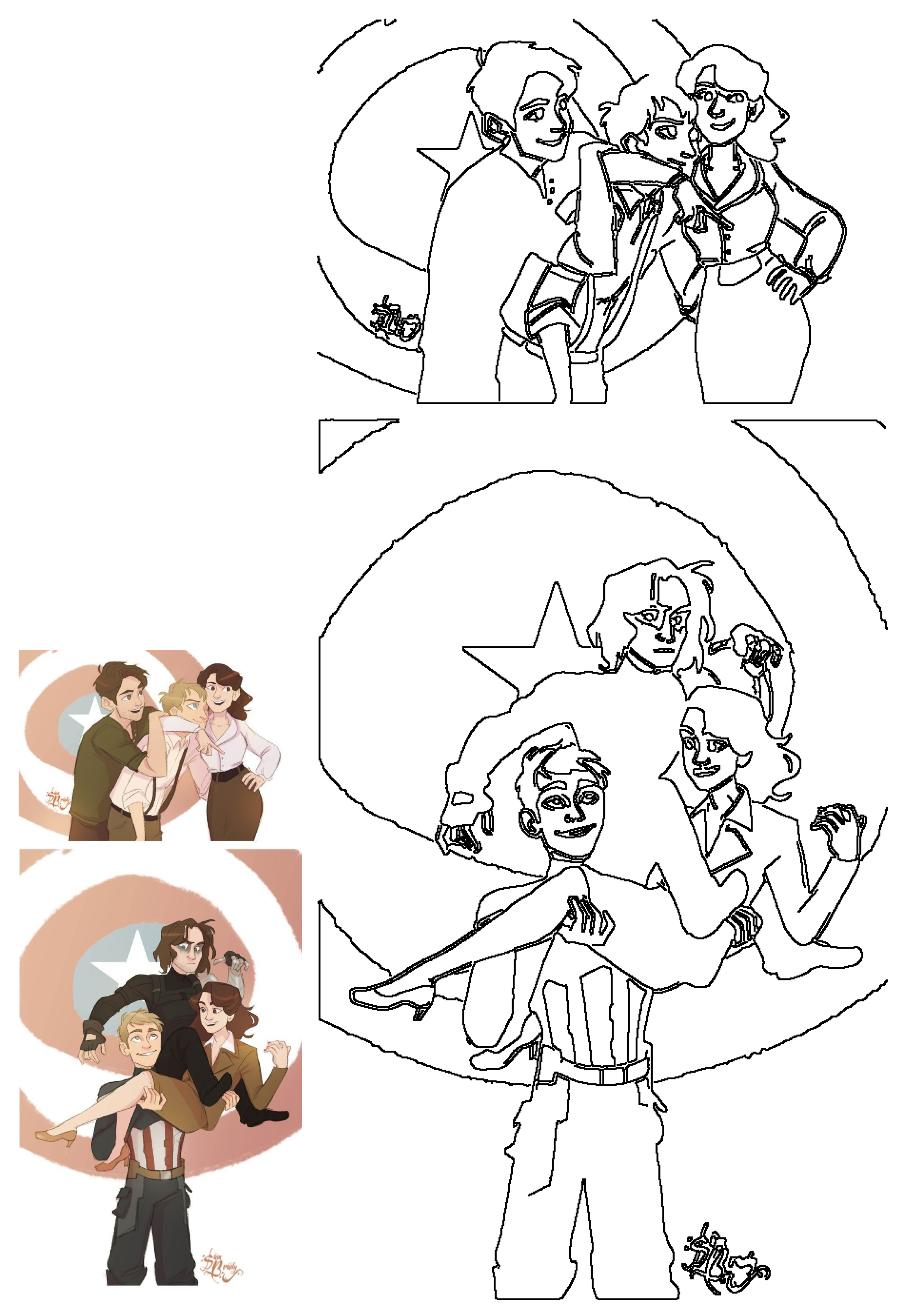 Funny Fandom Marvel Avengers comic strip. Features lighthearted scenes with young Captain America, Bucky, Peggy, plus heroic Cap, Peggy, and Winter Soldier.