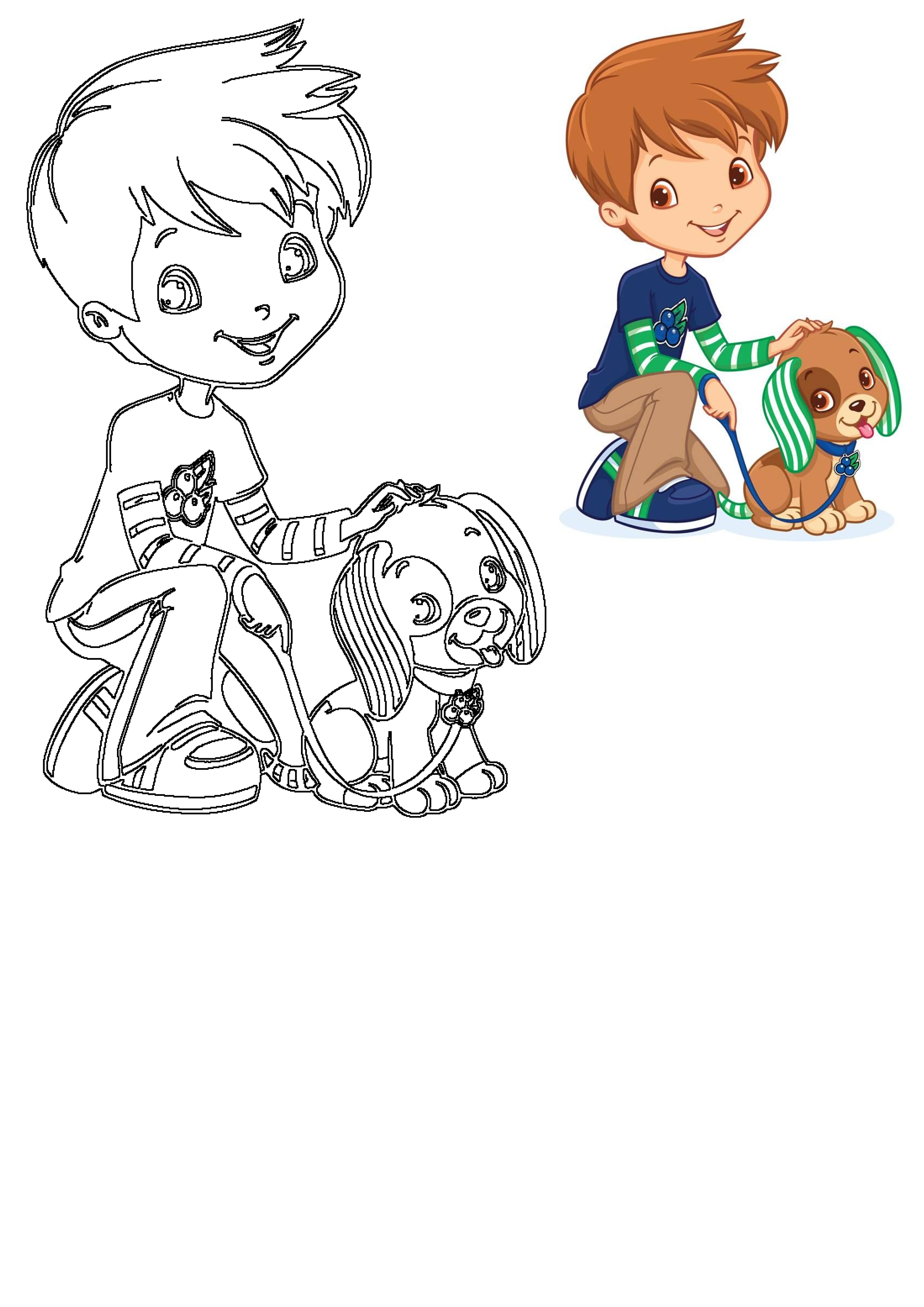 Huckleberry Pie from Strawberry Shortcake gently petting his adorable dog, featured in both vibrant color and a detailed outline.