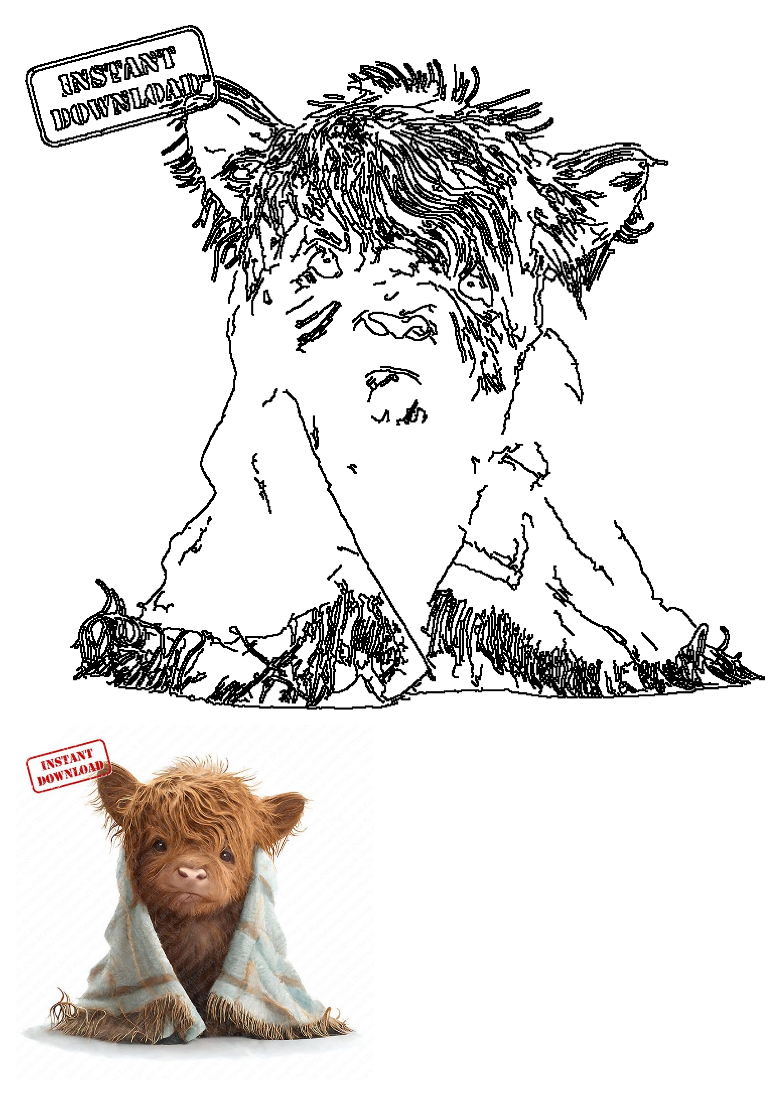 Cute brown cow blanket red stamp instant download. Features an adorable fluffy highland calf wrapped in a blue plaid blanket, plus a line art version.