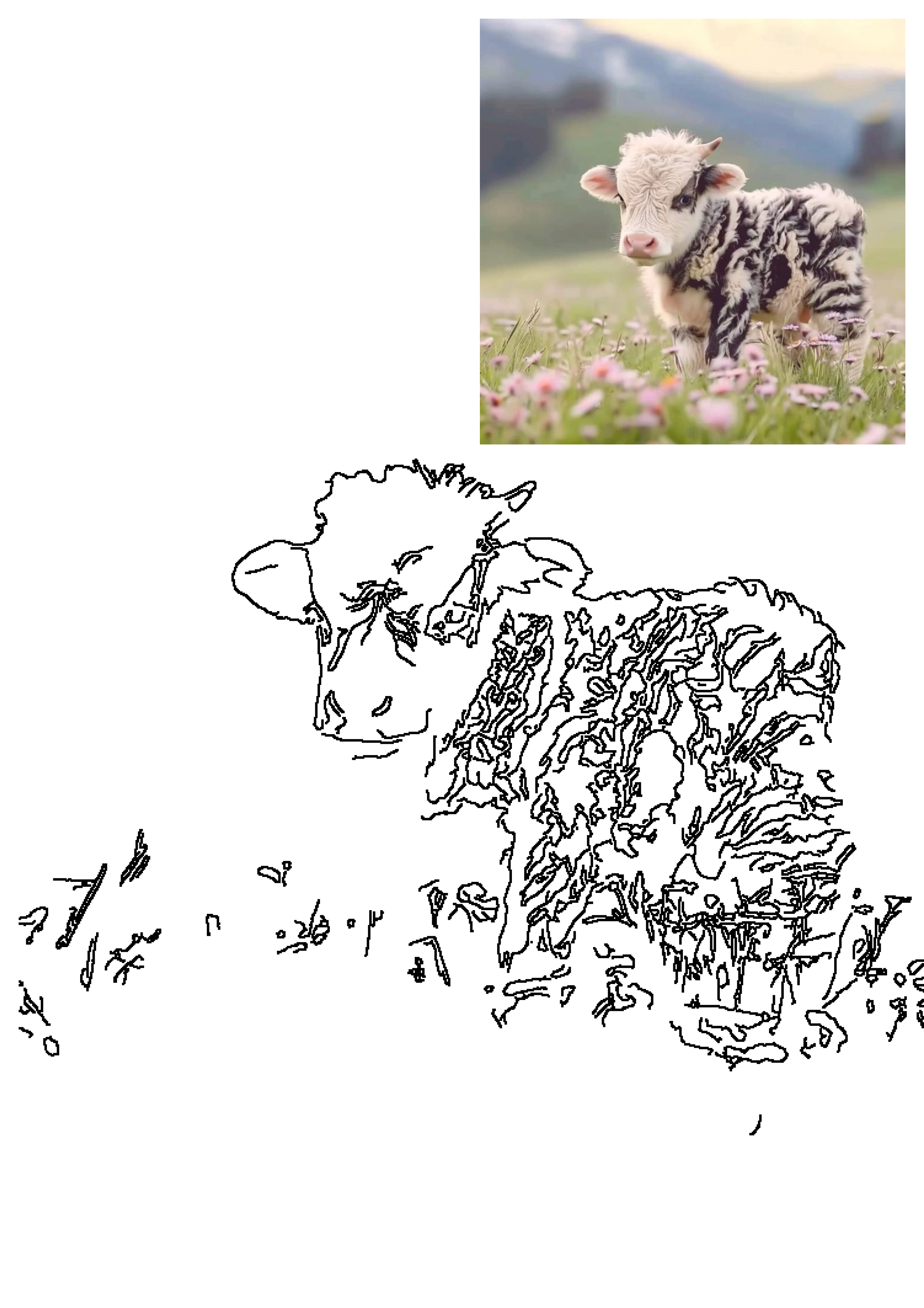 Adorable fluffy baby cow with black and white fur in a field of pink wildflowers, with mountains visible in the background.