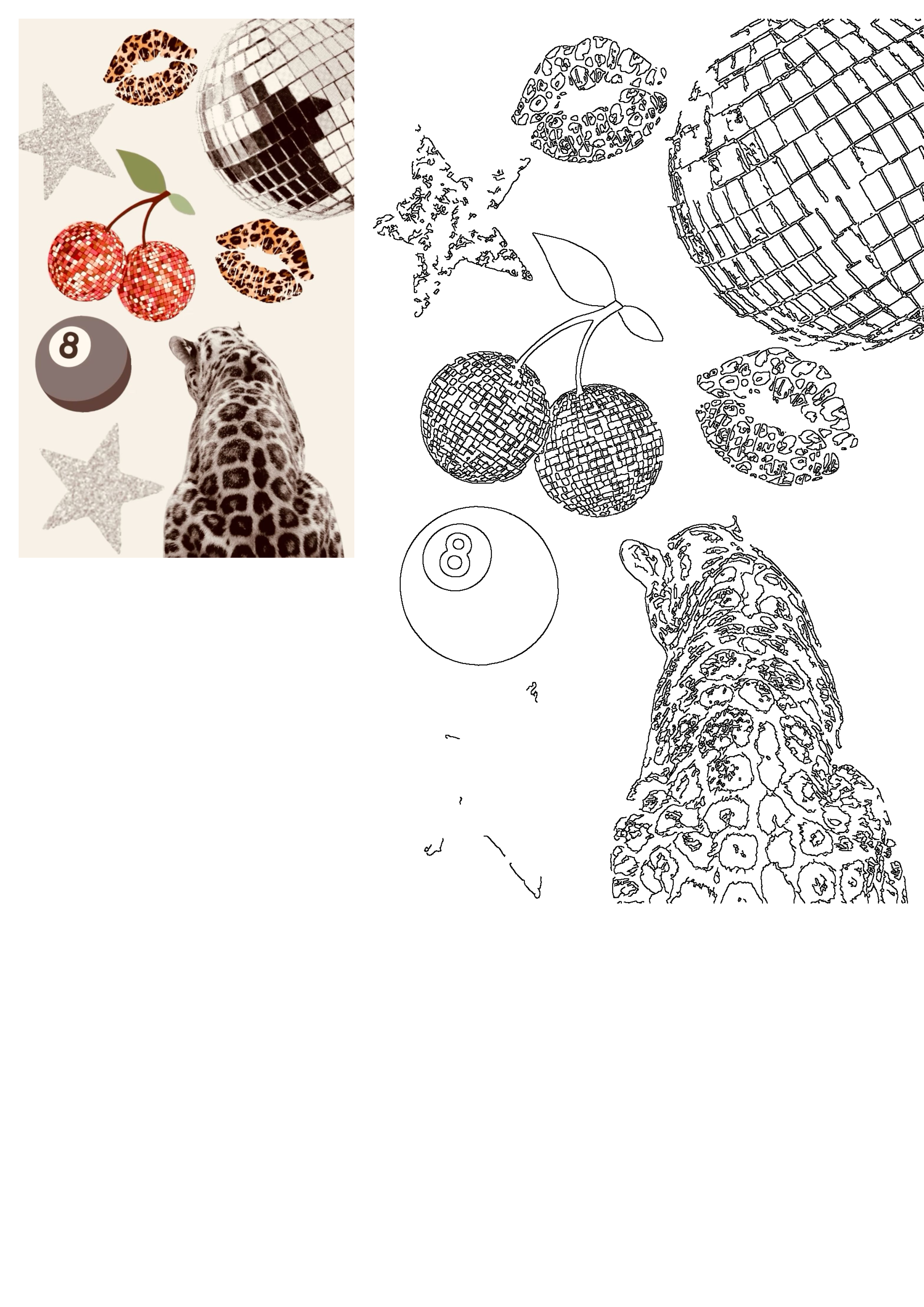 A vibrant wallpaper with a disco ball, cheetah print lips, glittery cherries, leopard, star, and 8-ball for iPhone or Tumblr.