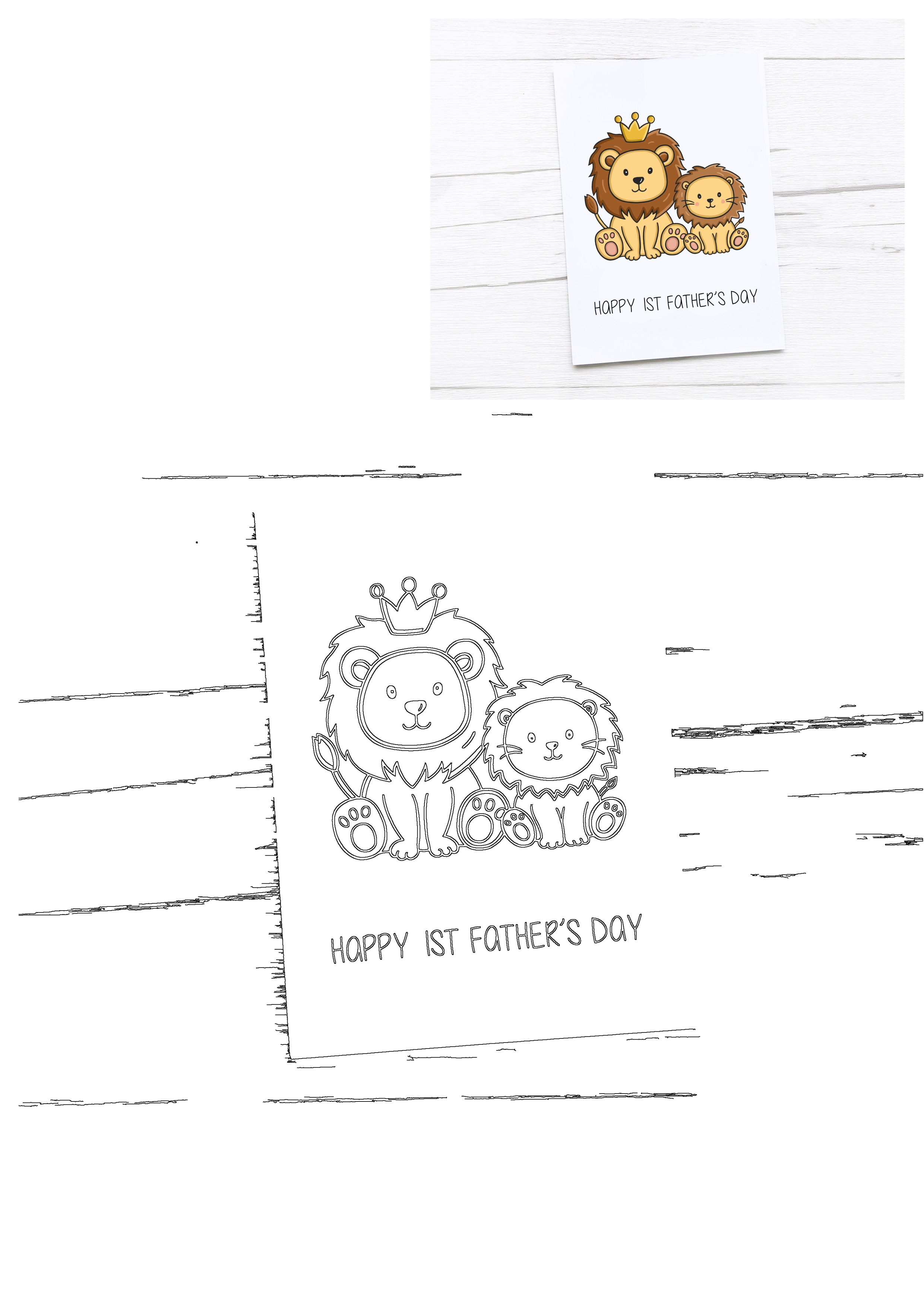 Cute Daddy and Baby Lion First Fathers Day Card illustration, showing a crowned adult lion and a cub on a white background.