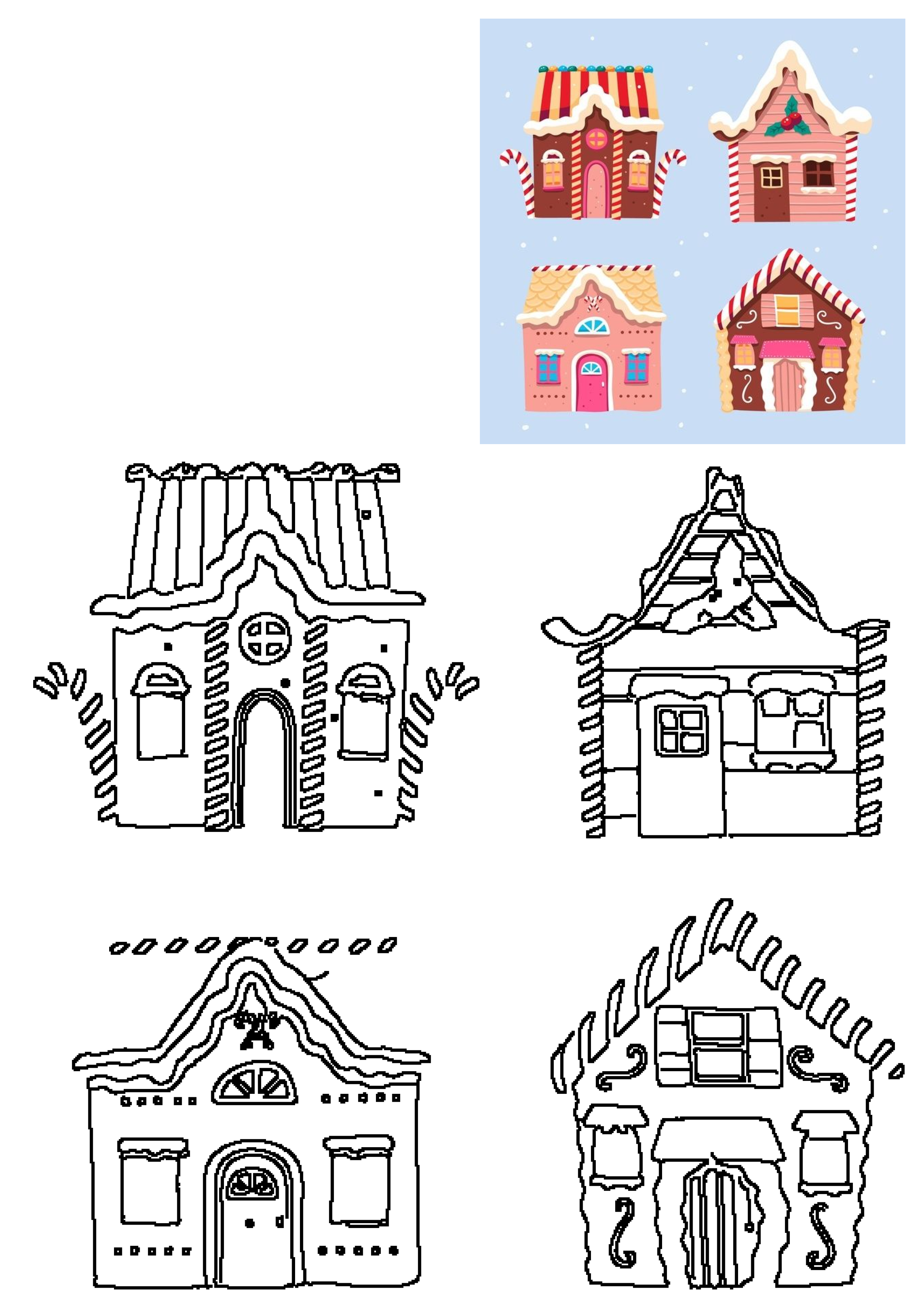 Sweet Christmas gingerbread house illustrations showcasing candy roofs and festive decor, plus corresponding blank outlines.