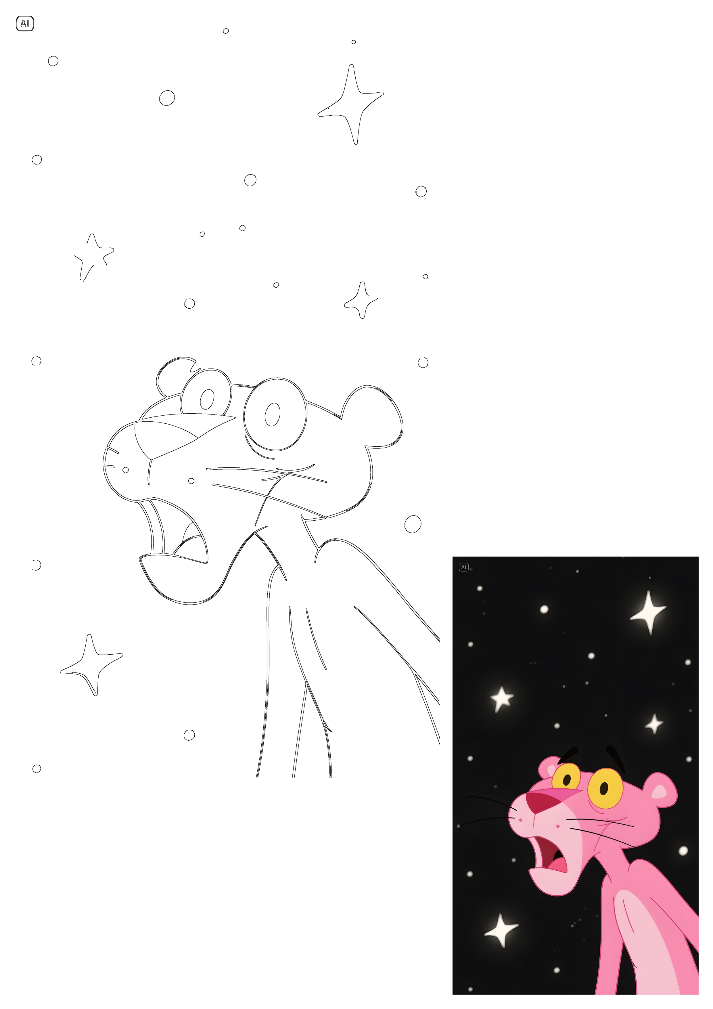 Cute Pink Panther character with wide eyes and open mouth looking surprised under a beautiful starry night sky, perfect for an iPhone wallpaper.