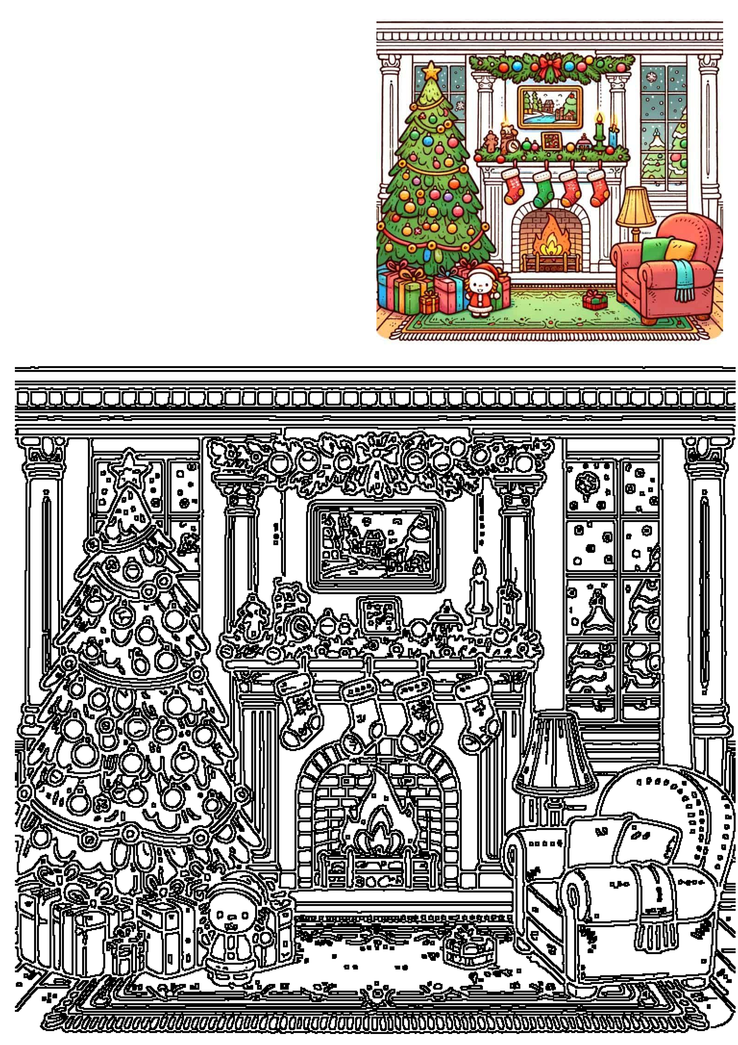 A festive Christmas living room, featuring a decorated tree, cozy fireplace with stockings, gifts, and an armchair, presented in color and as line art.