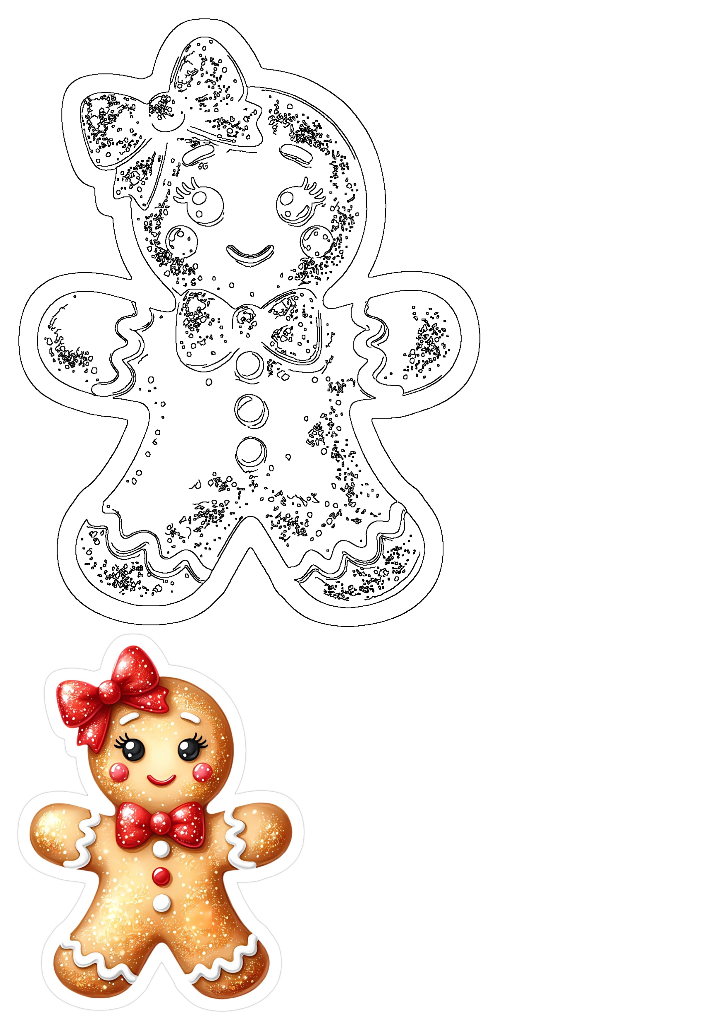 A cute gingerbread girl cookie with a red bow and icing, displayed alongside its black-and-white outline drawing for crafts or activities.