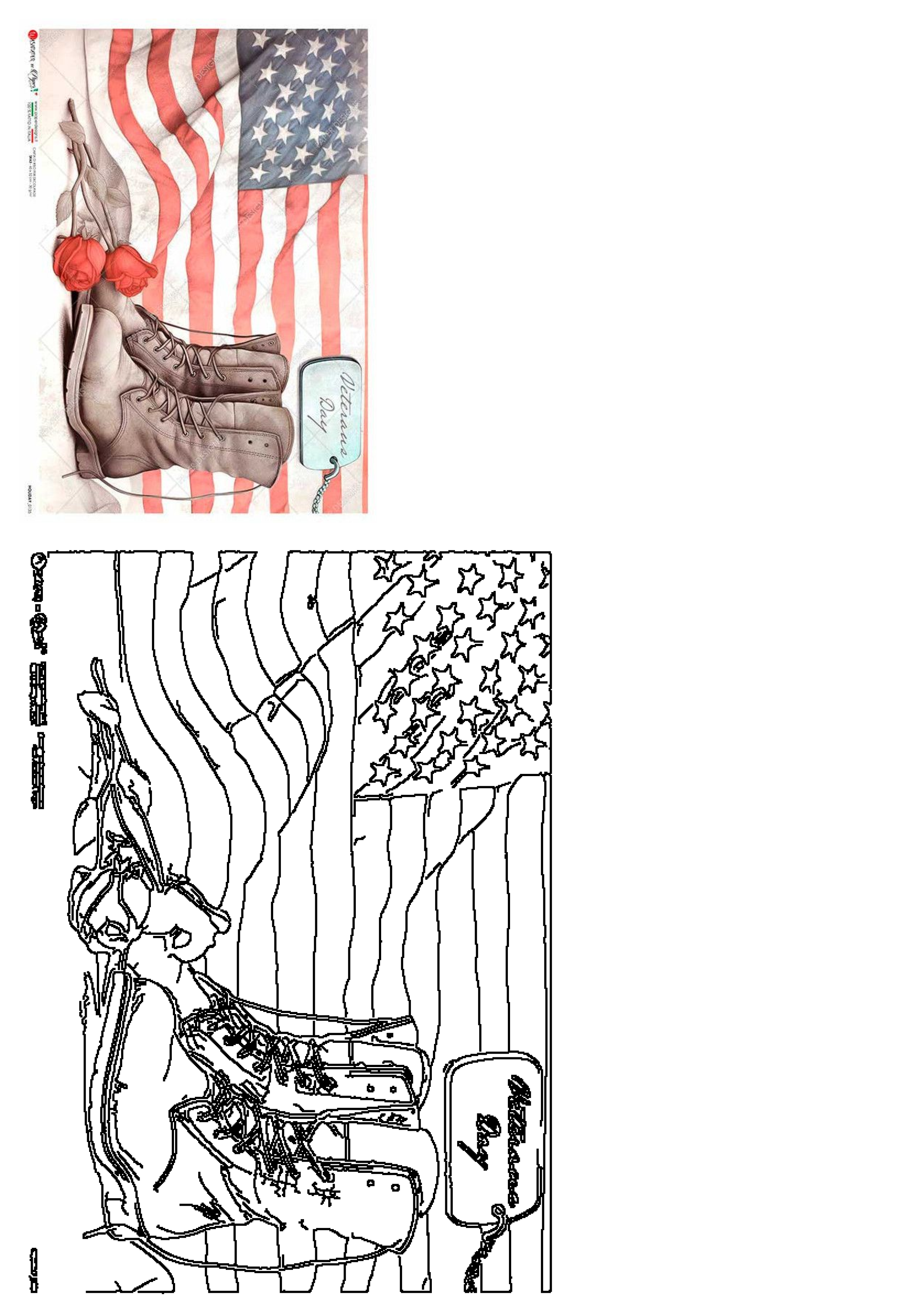 Veterans Day tribute featuring an American flag background, military boots, red roses, and a dog tag.