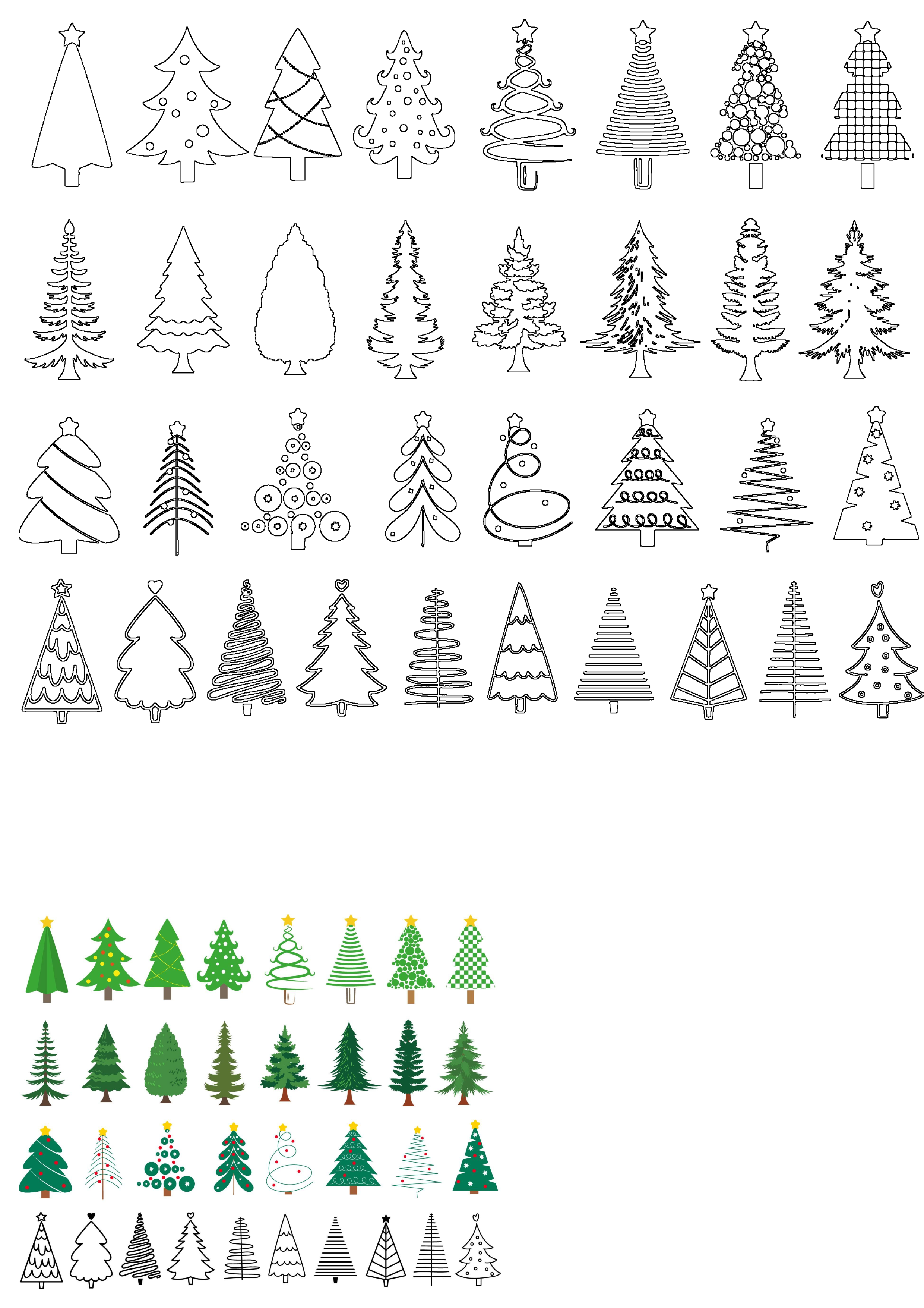 Diverse Christmas tree vector illustrations: outline drawings and colorful festive designs, perfect for holiday and Christmas projects.