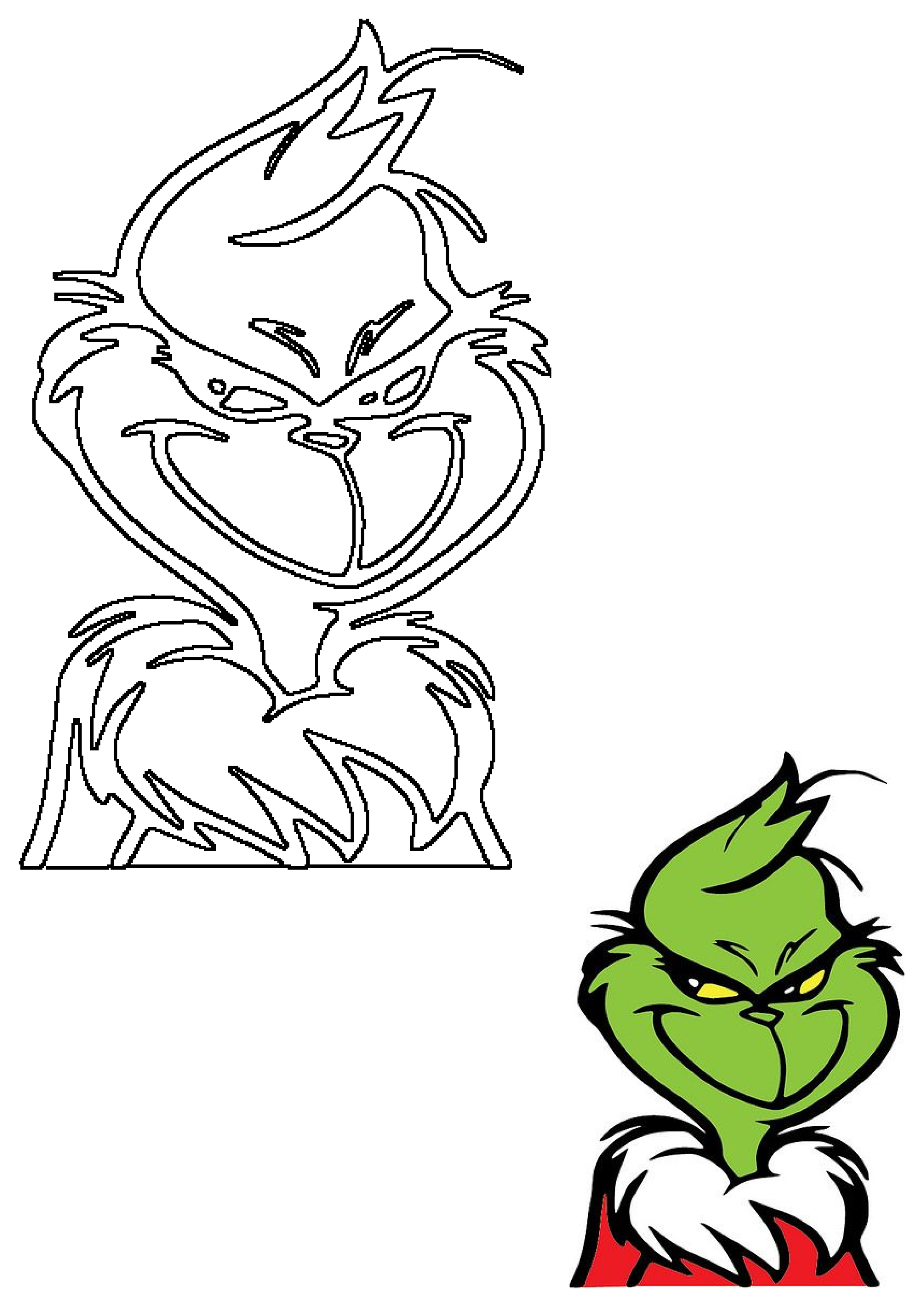 Grinch Christmas character art featuring a black outline template and a vibrant full-color illustration of the mischievous Grinch.