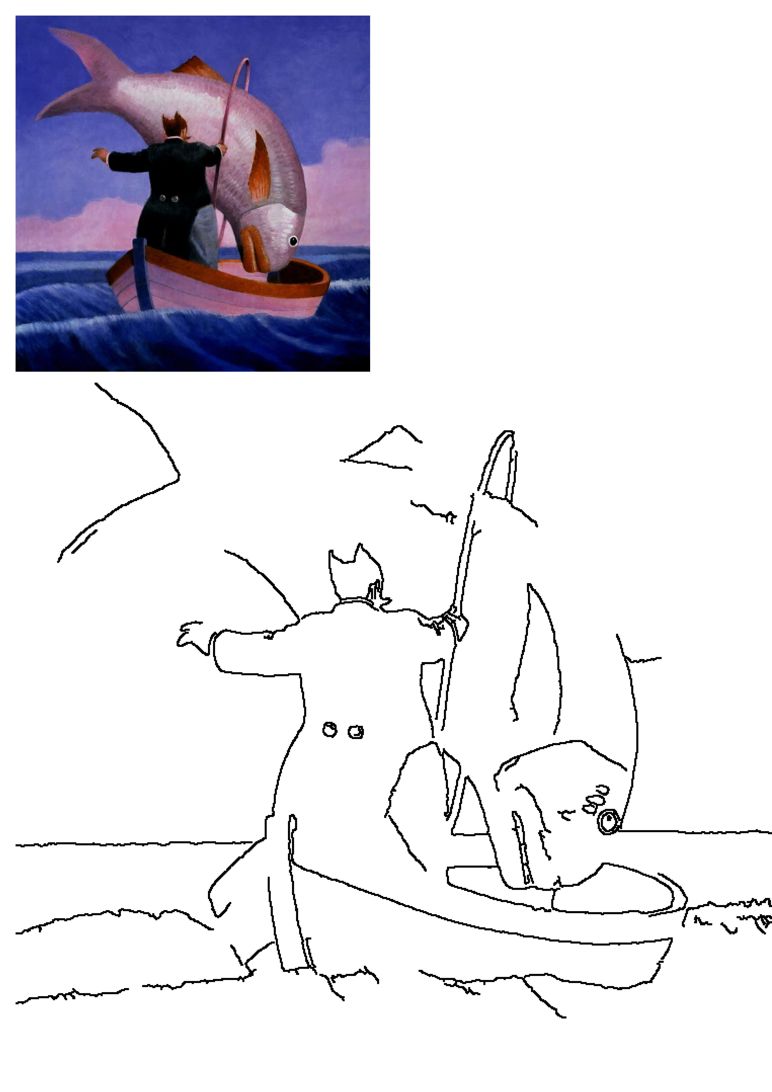 Surreal painting of a man in a boat, grappling with a giant, pinkish fish in choppy blue waters under a dramatic sky.