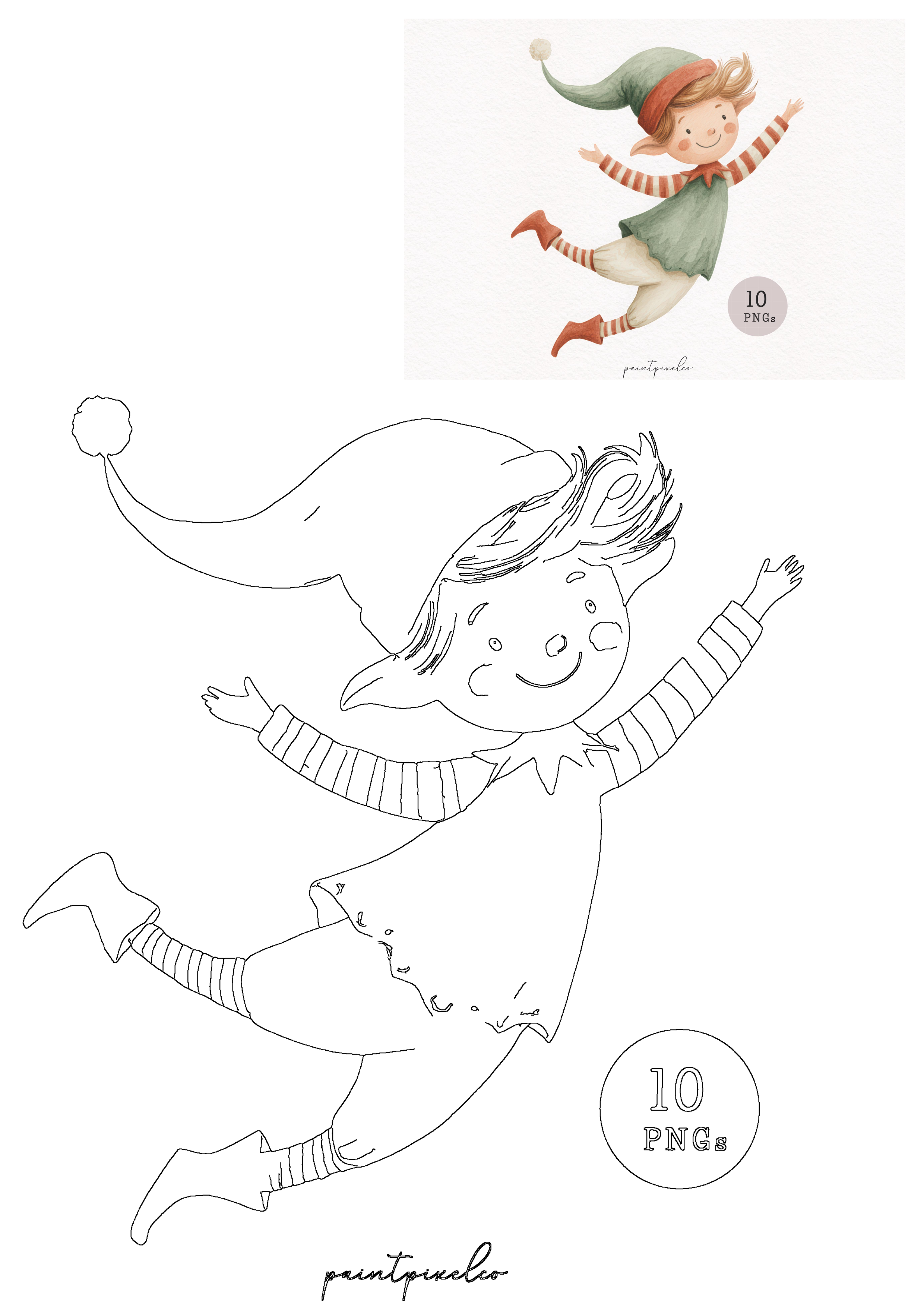 A cheerful, jumping elf illustration in vibrant watercolor with a green hat and red boots, plus a matching black outline version.