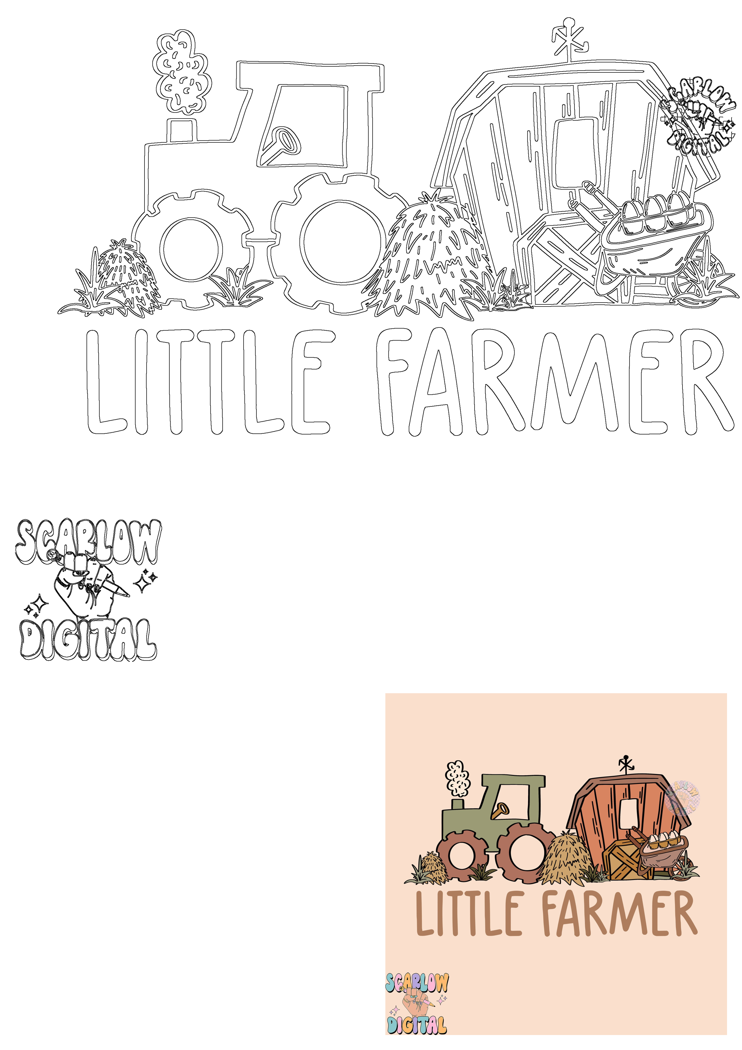 An adorable Little Farmer tractor, barn, and farm scene design featuring hay bales and eggs in a wheelbarrow, shown in outline and color.