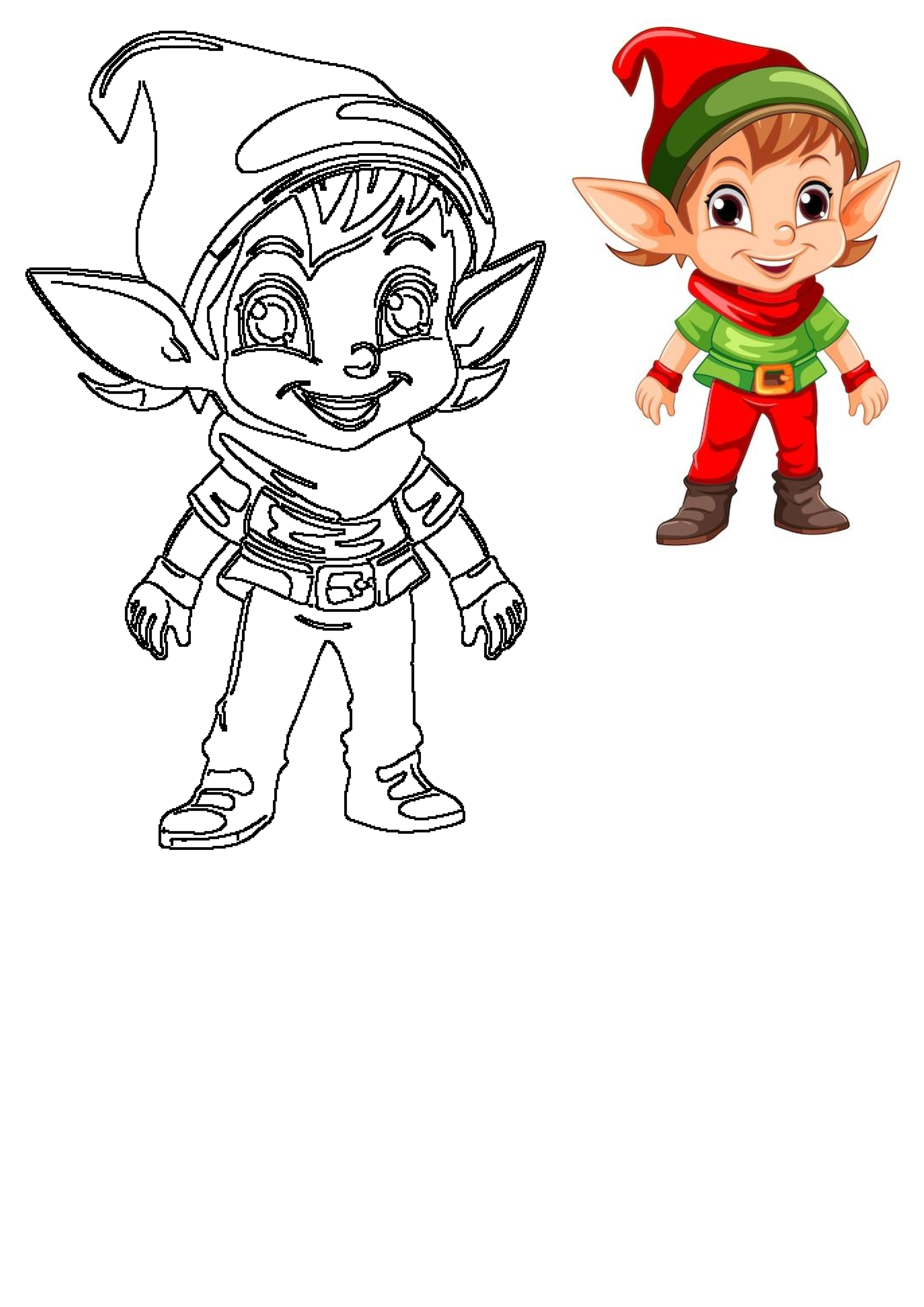 Outline drawing of a cheerful cartoon Christmas elf next to its vibrant, full-color illustration, perfect for holiday themes.