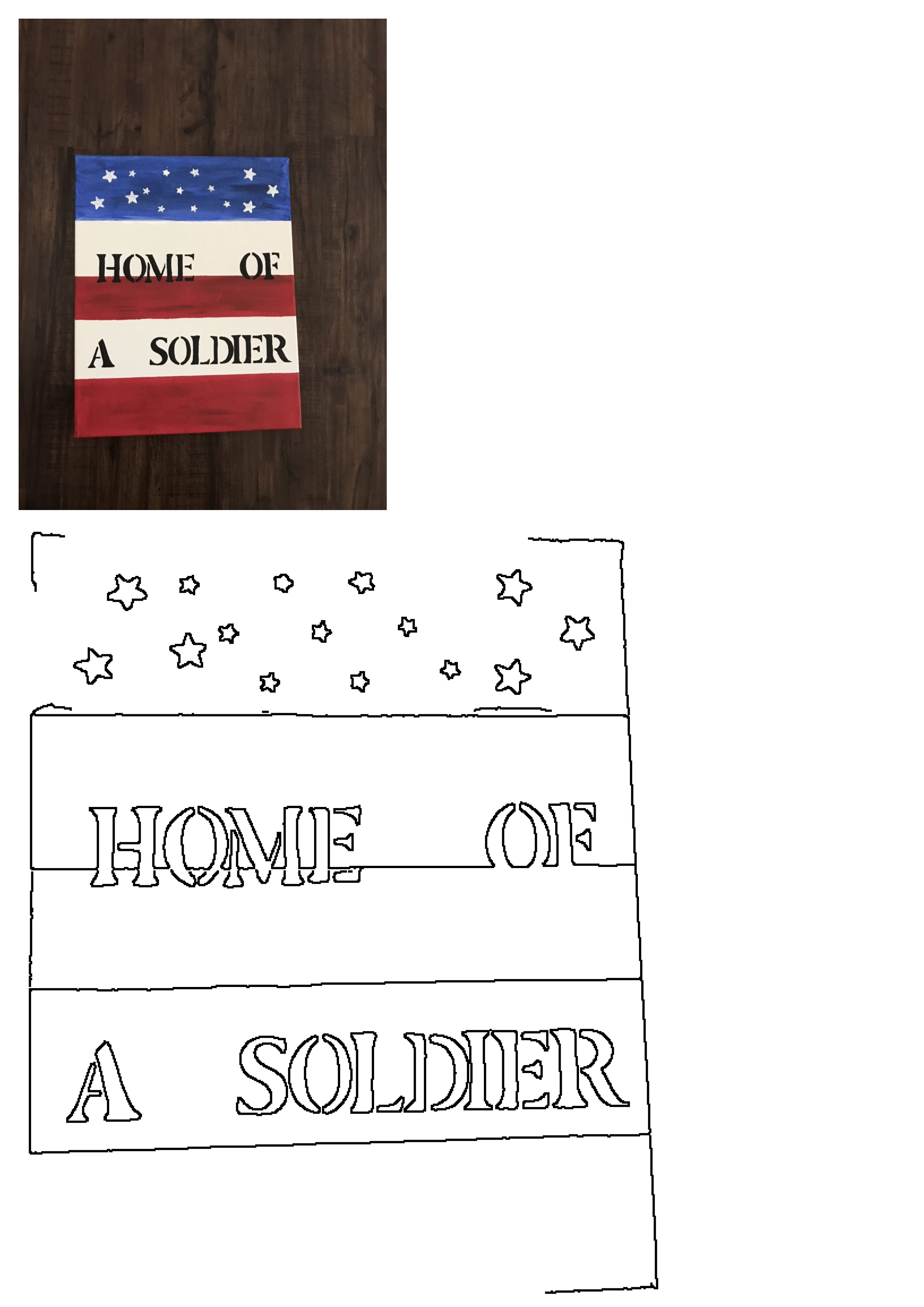 Patriotic American flag sign with 'HOME OF A SOLDIER' text, featuring blue with stars, white, and red stripes on a wooden background.