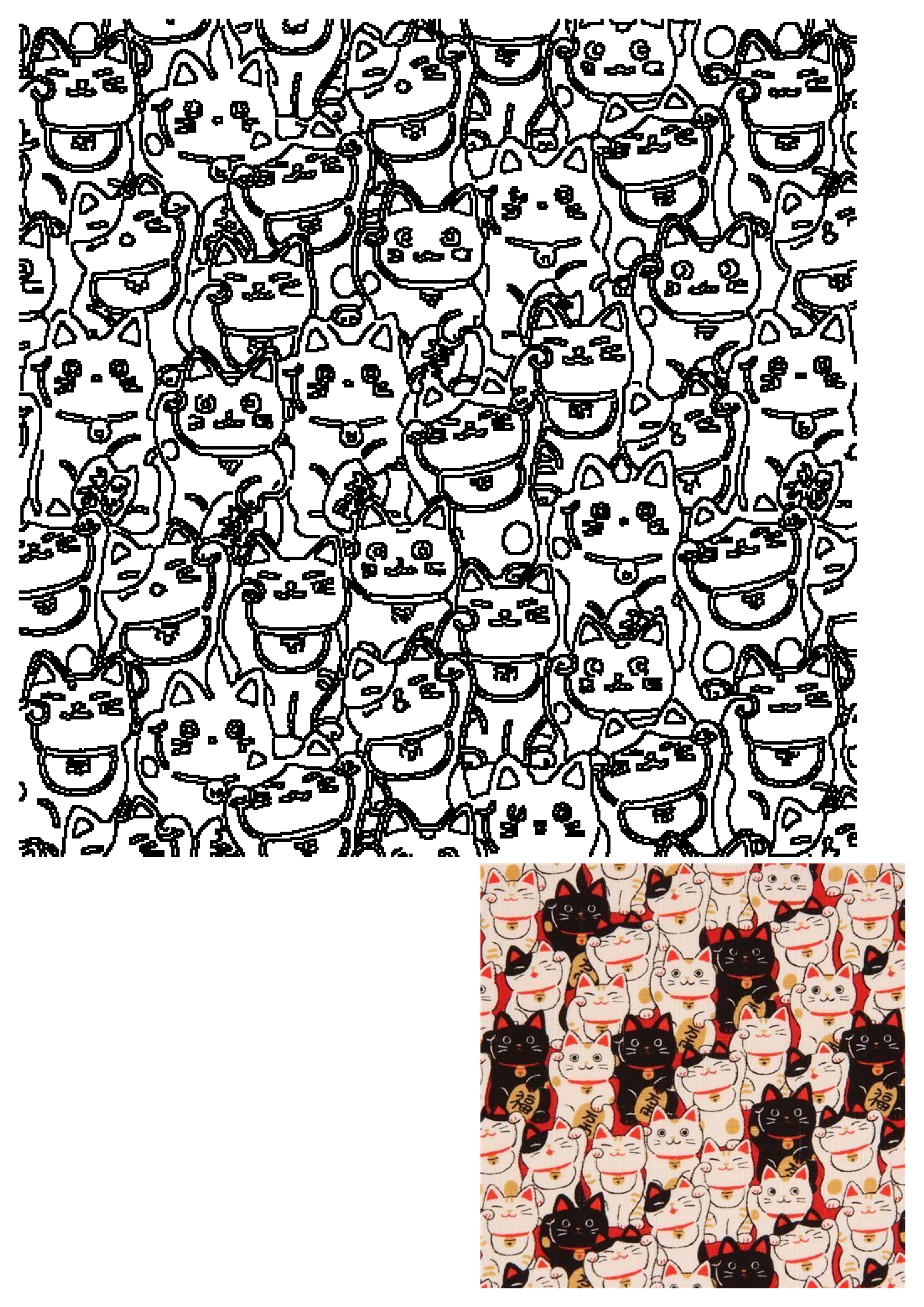 Seamless Maneki Neko lucky cat pattern in black outline on white, reflecting the Japanese laminate fabric for good fortune.