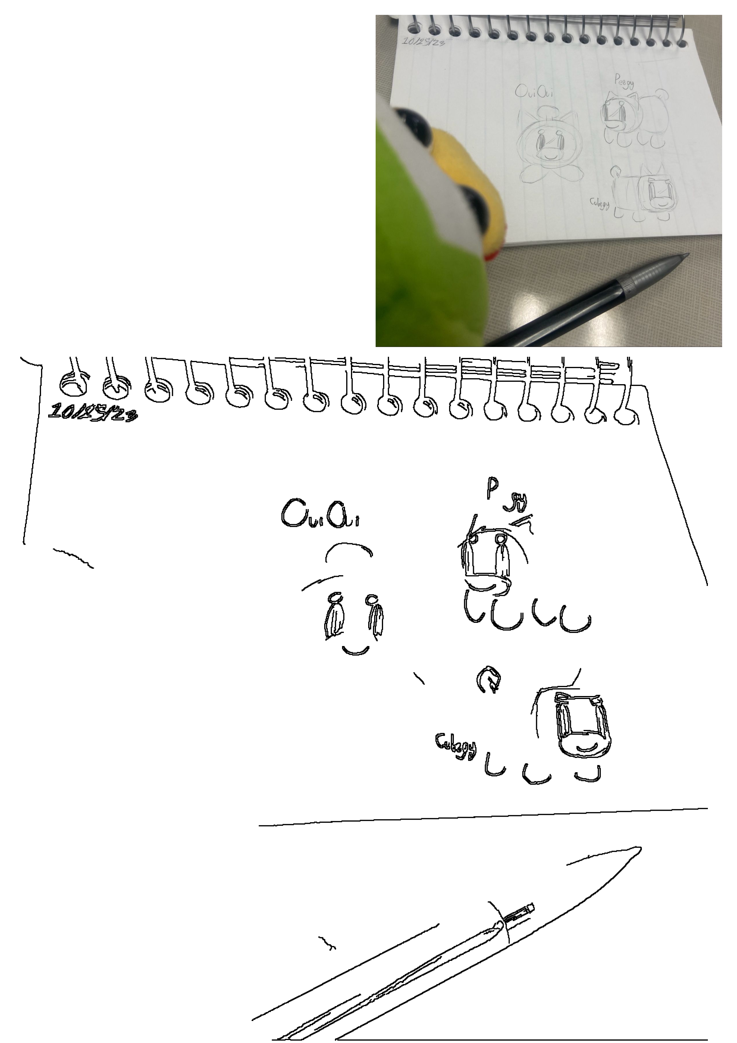 Hand-drawn cute animal character sketches like OuiOui, Peegy, and Cubegy in a spiral notebook with a pen and plush toy.