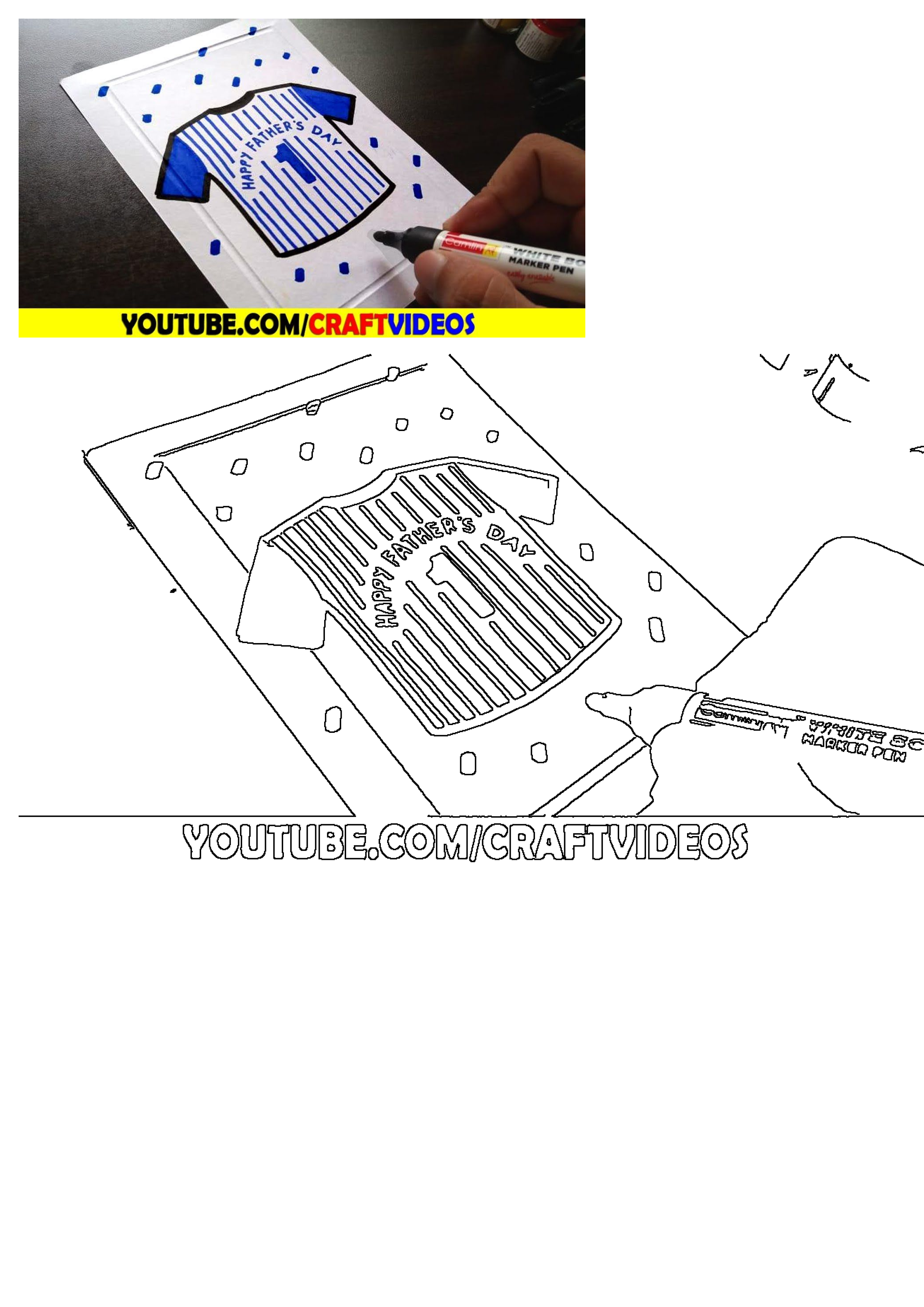 This DIY craft tutorial shows a hand drawing and coloring a blue striped t-shirt design with 'Happy Father's Day' for a special gift.
