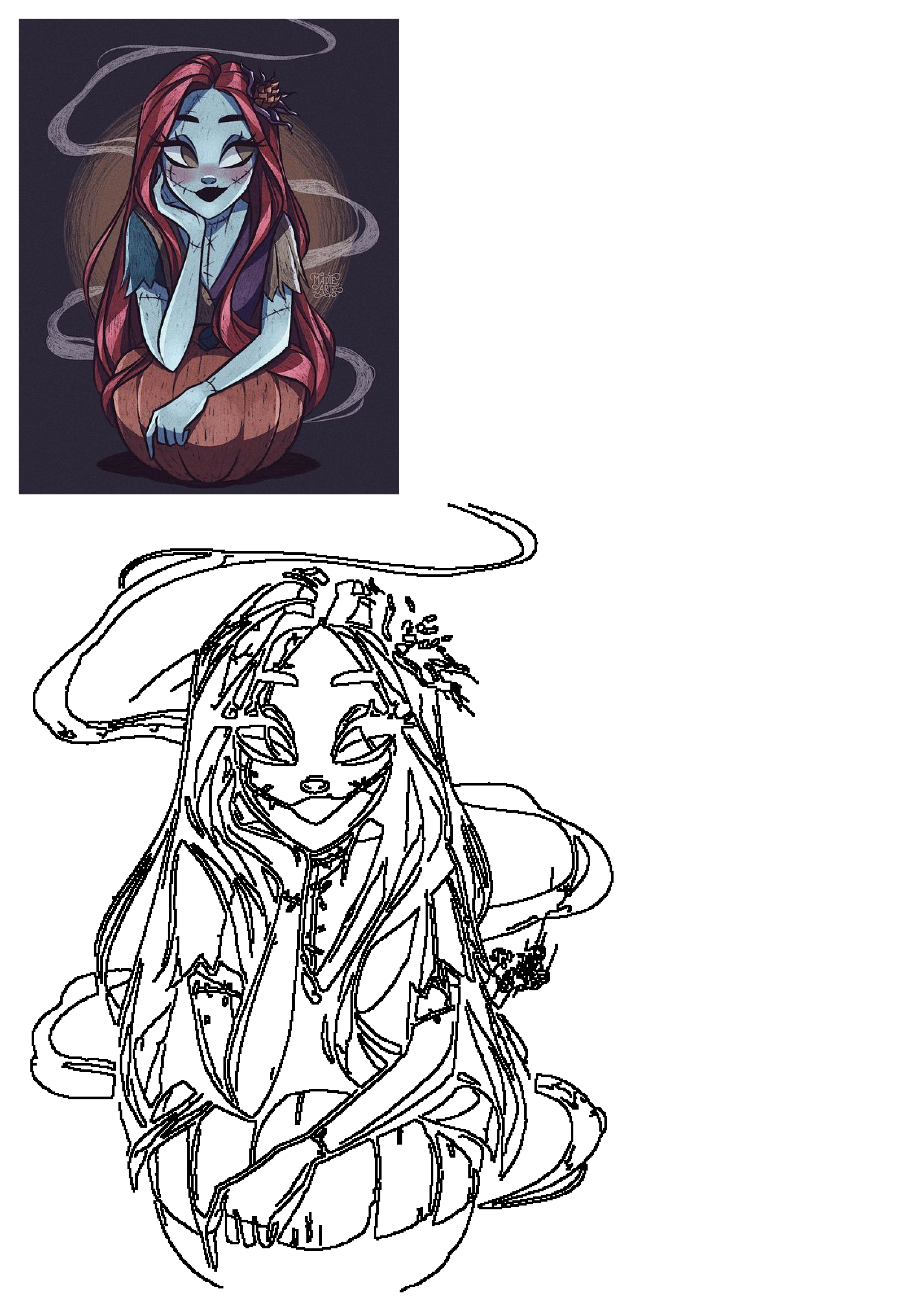 Vibrant art of Sally from The Nightmare Before Christmas, inspired by Tim Burton. She has red hair, blue skin, and stitches, sitting on a pumpkin.