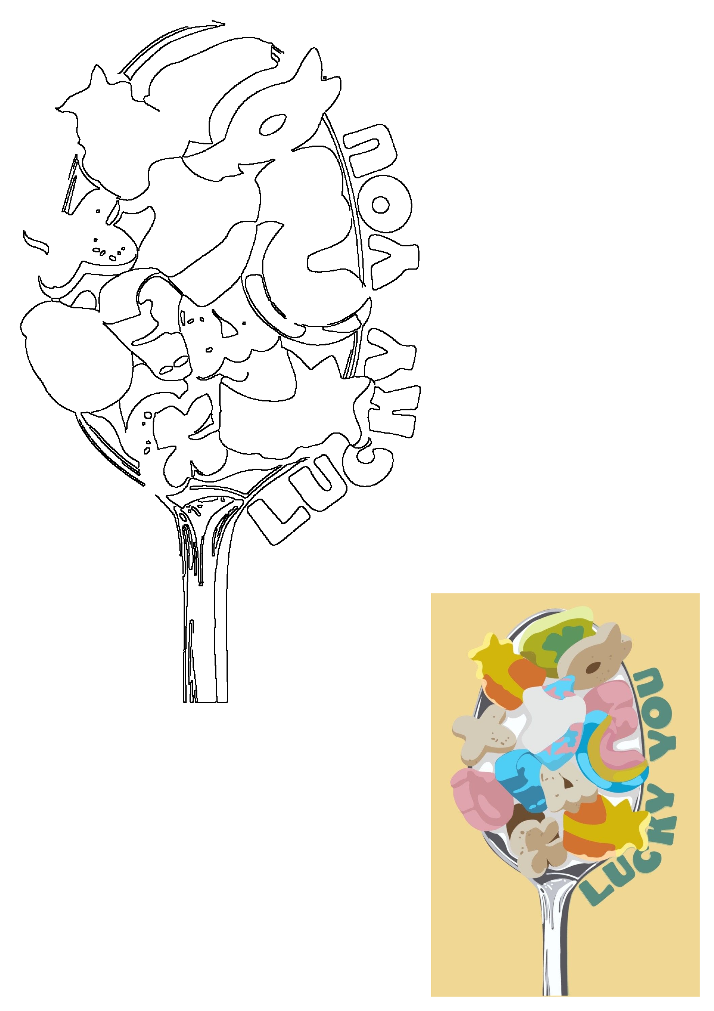 A spoon overflowing with colorful cereal marshmallows, spelling out 'LUCKY YOU'. Ideal as a printable poster or digital download.