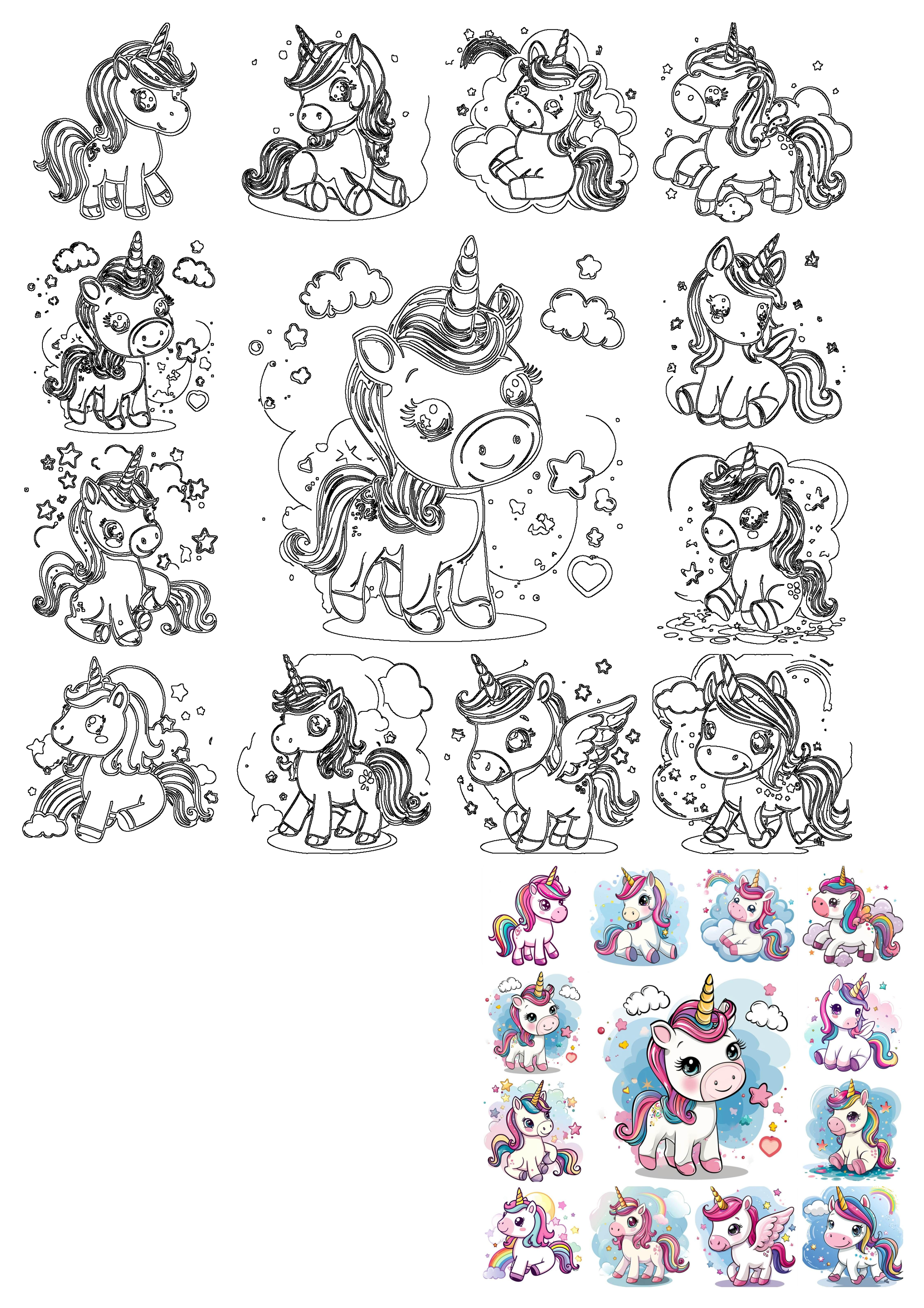 Cute unicorn collection with black and white outlines and colorful illustrations. Various poses, stars, clouds, rainbows.