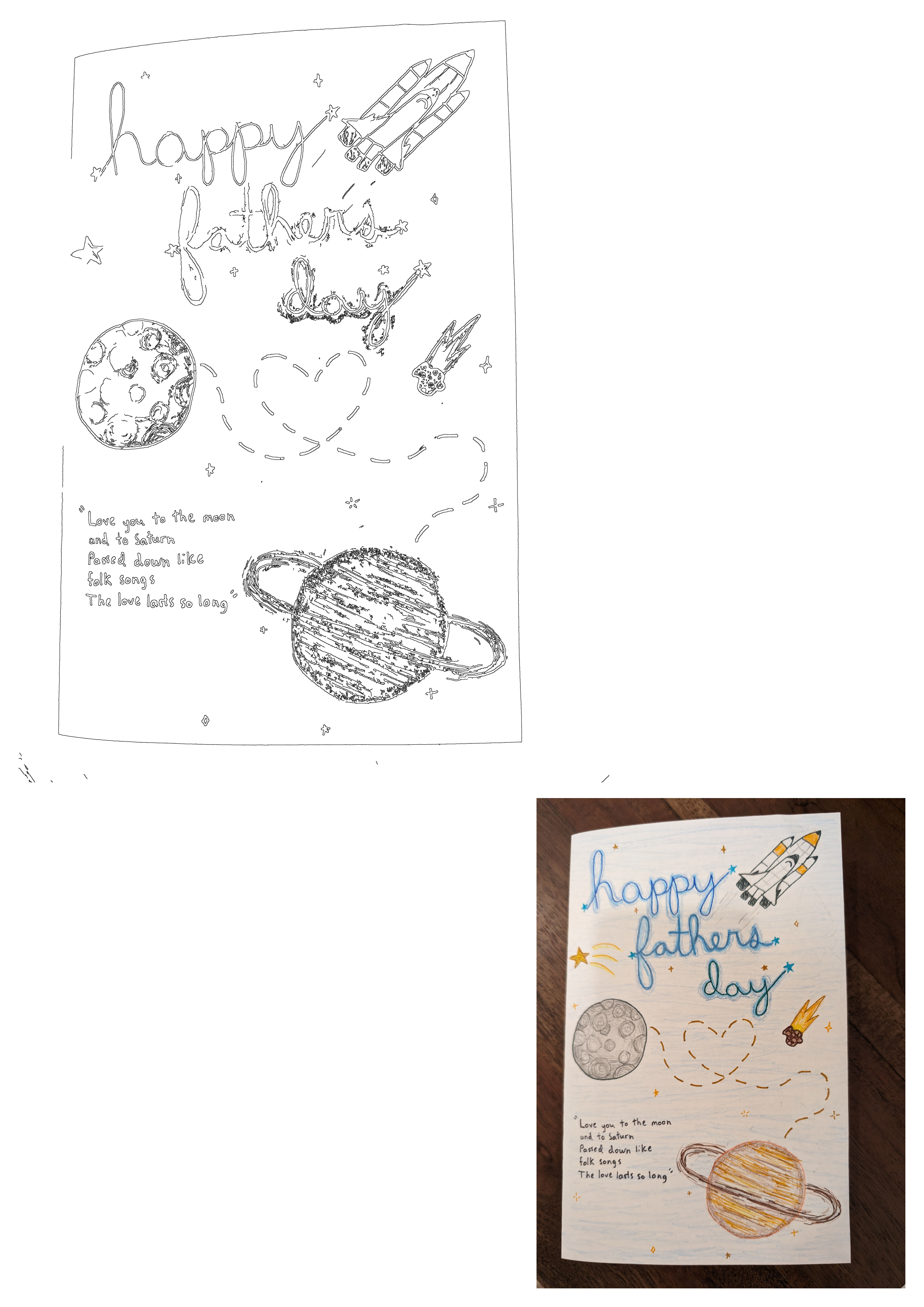 A vibrant Father's Day space card featuring a shuttle, moon, Saturn, stars, and a heartfelt "Love you to the moon and to Saturn" message.