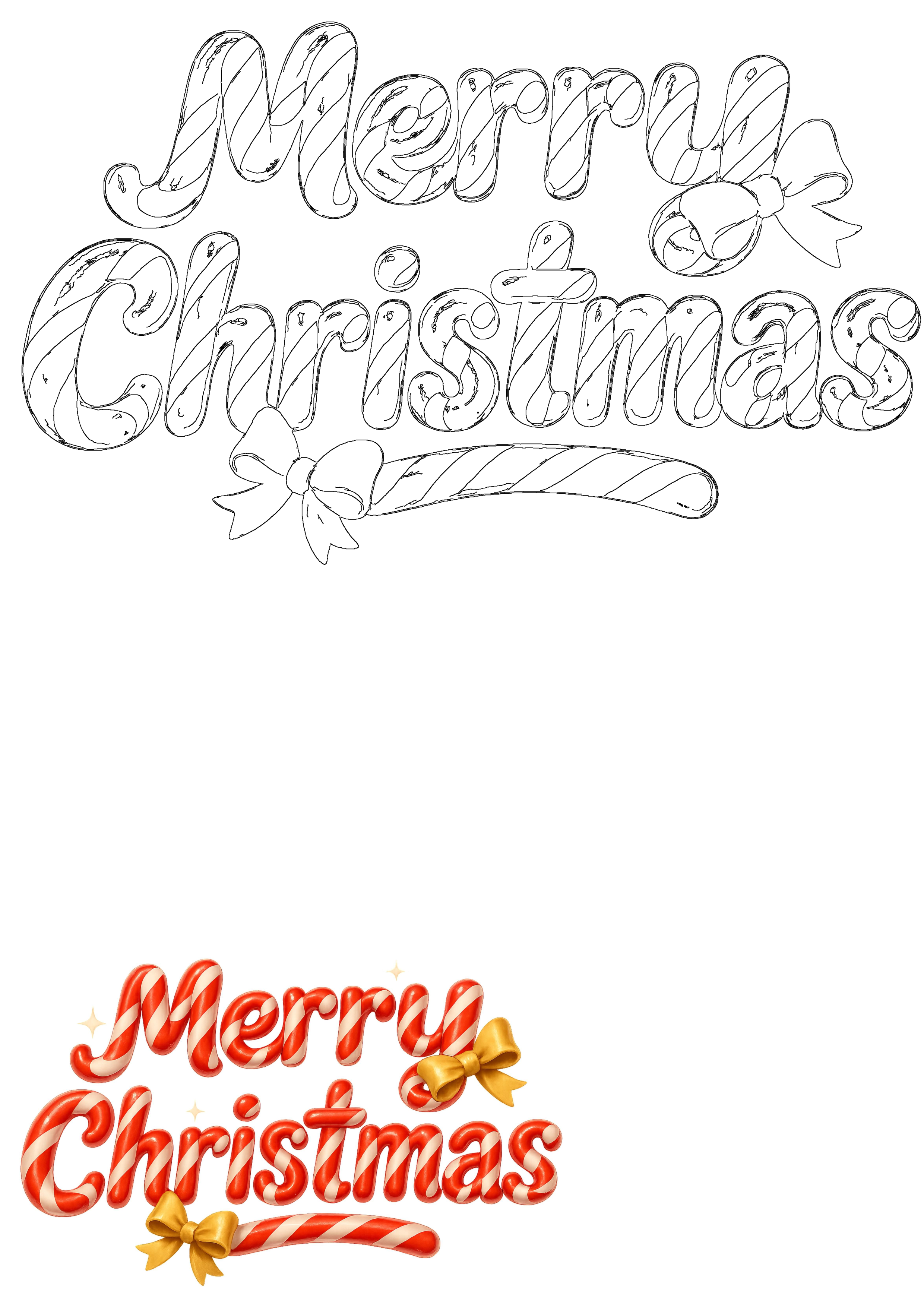 Festive Merry Christmas candy cane typography with golden bows, shown in black and white outline and vibrant colored versions.