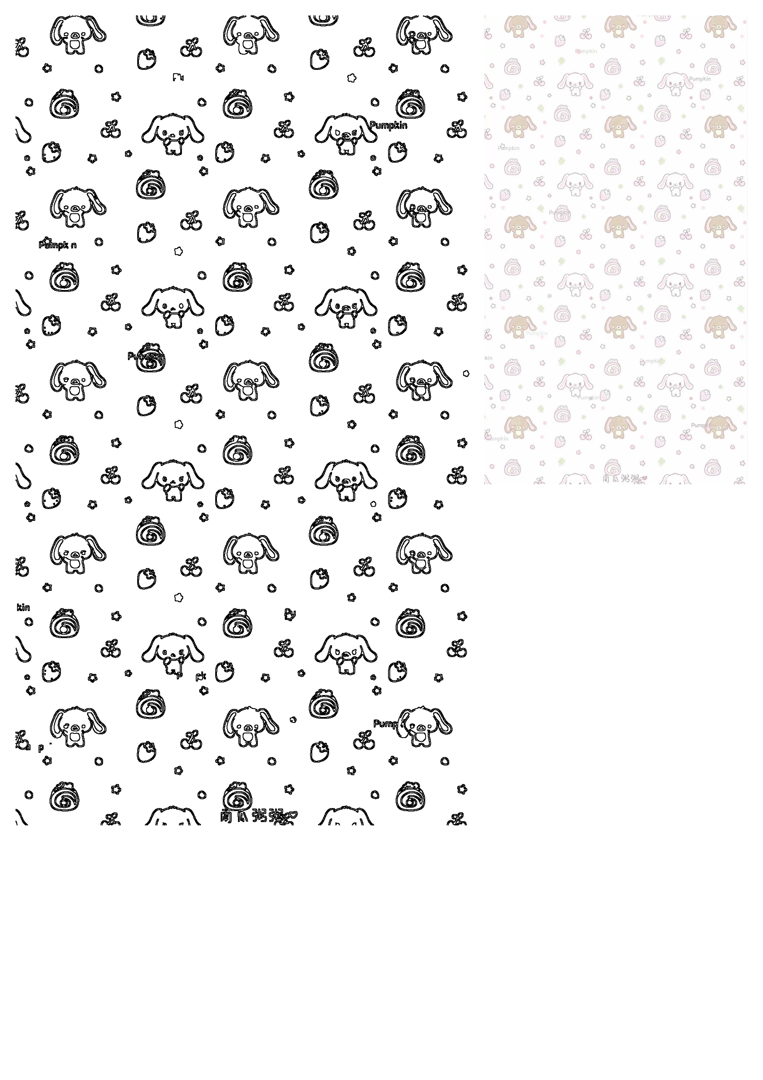 Charming pattern with cute bunnies, strawberries, and sweet rolls. Features both outline and pastel versions for adorable designs.