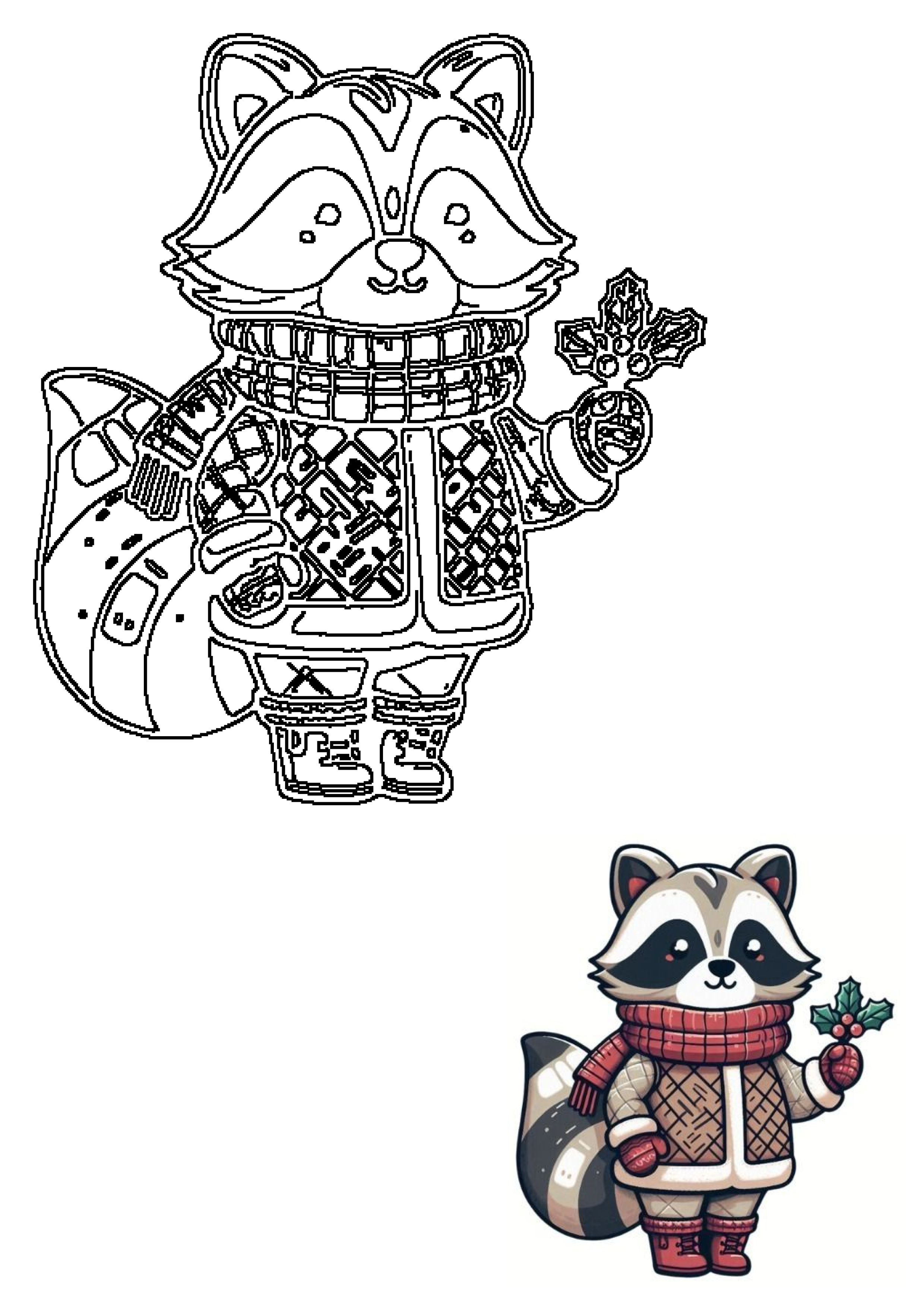 Cute raccoon in a cozy winter outfit, wearing a scarf and coat, holding festive holly berries. Features both line art and colored versions.