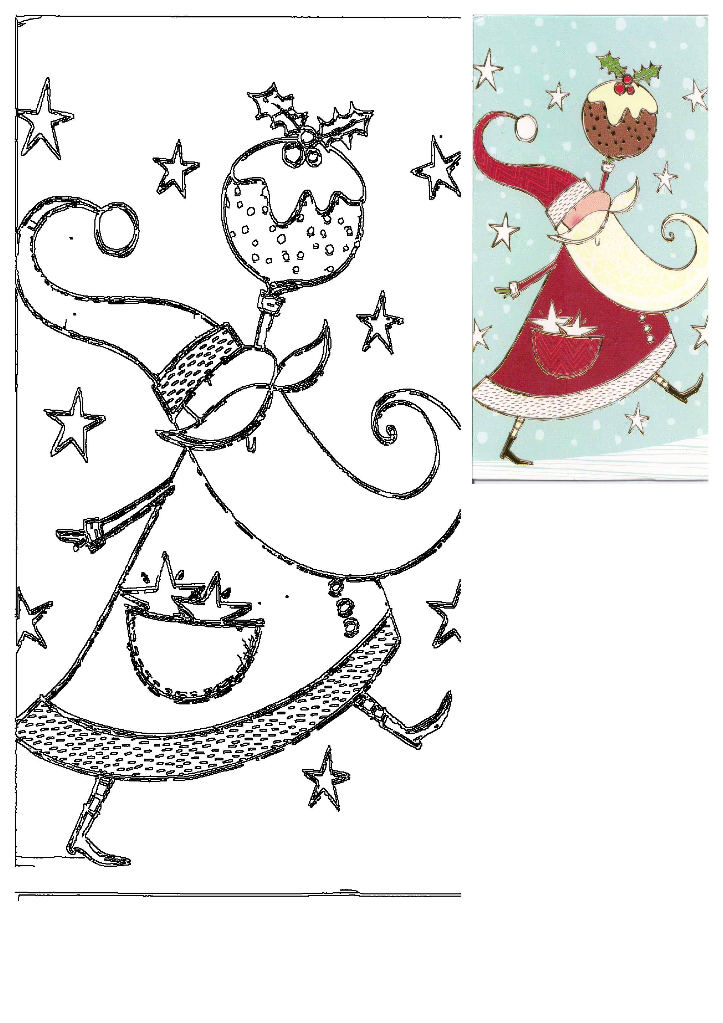 Whimsical Santa carrying a Christmas pudding adorned with holly, surrounded by stars. Shown as a bright illustration and an outline art.