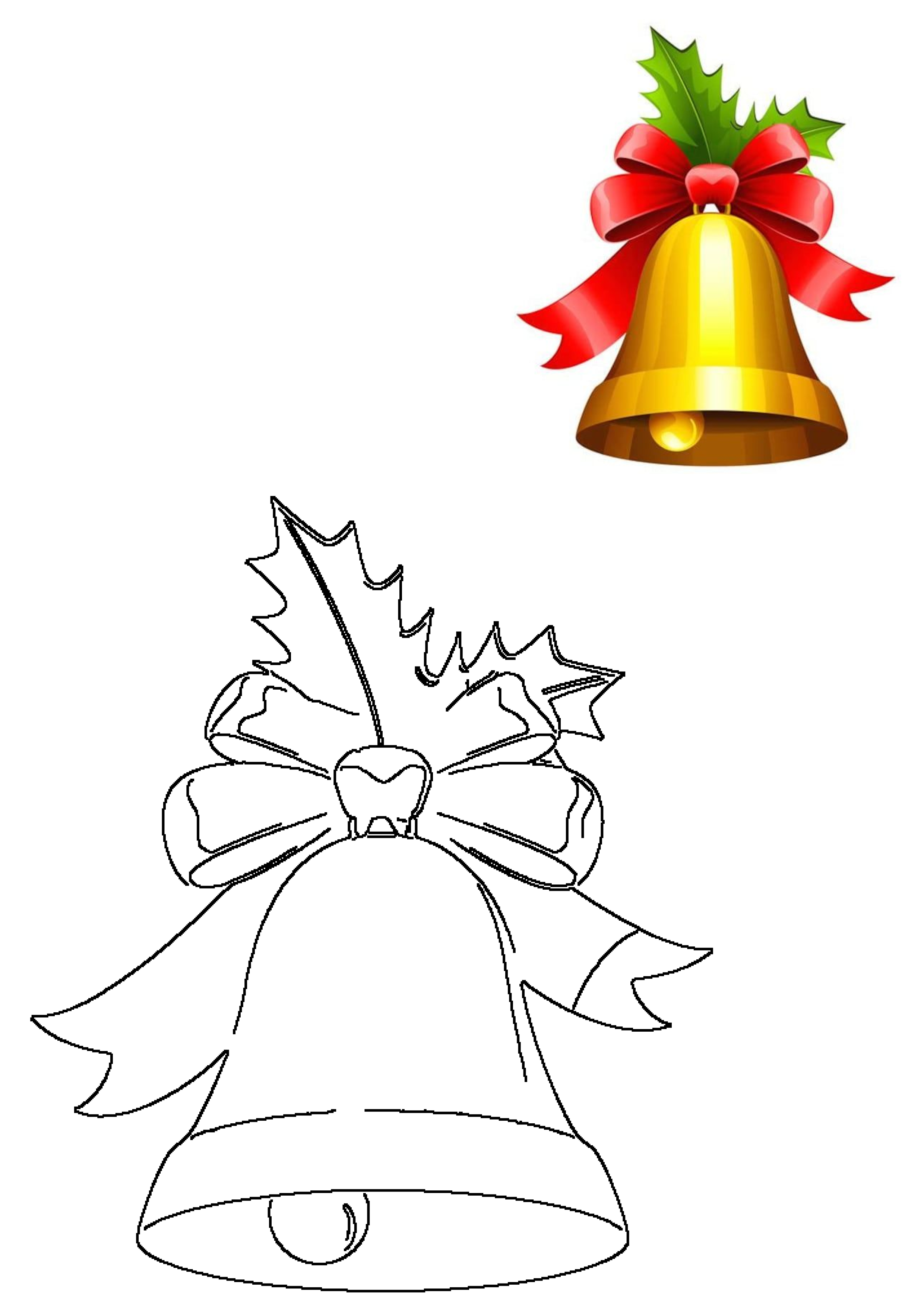 A golden Christmas bell with a vibrant red bow and holly, presented as both a festive colored illustration and a black-and-white outline.