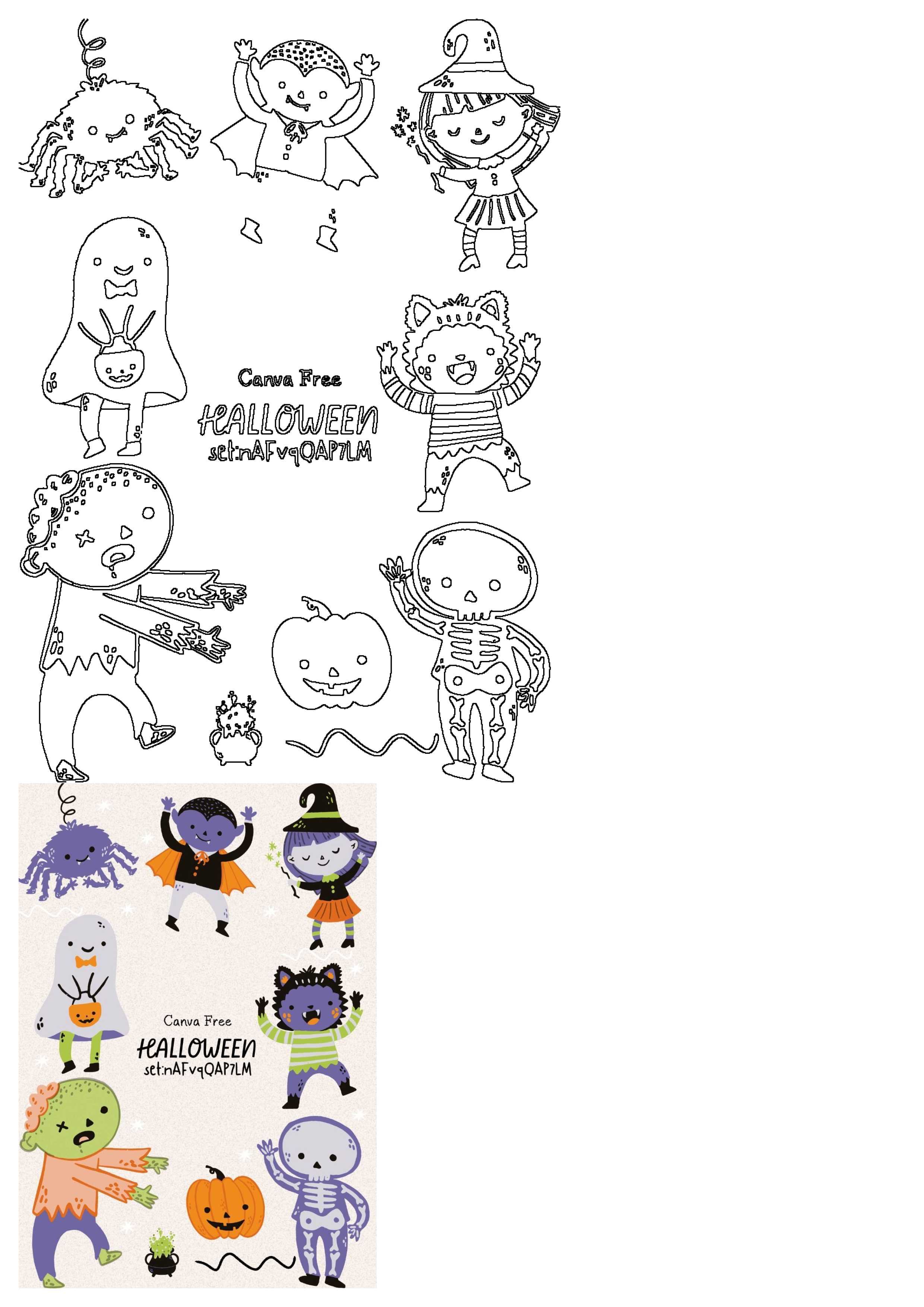 Cute Halloween graphics: spider, vampire, witch, ghost, zombie, skeleton, werewolf, pumpkin. Both outline and colored versions.