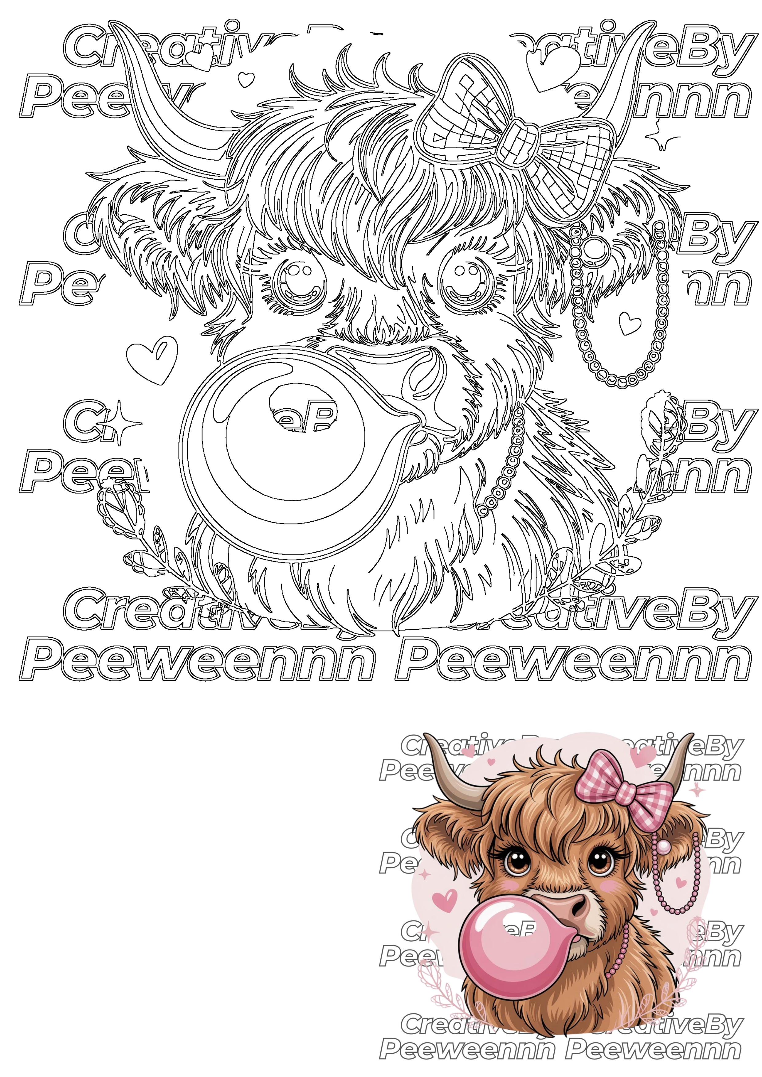 Line art of a fluffy Highland cow blowing bubblegum, with a coquette bow and necklace, perfect for a cute T-shirt design.