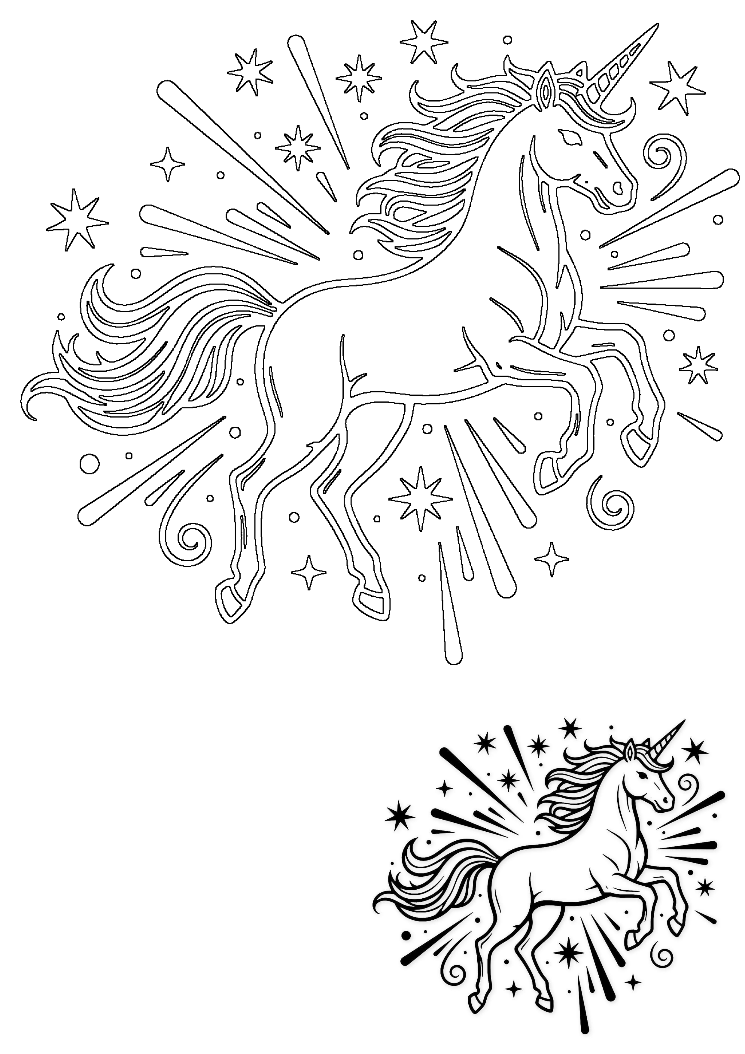 Outline of a majestic unicorn prancing amidst a burst of magical stars and sparkles. A beautiful fantasy creature design.