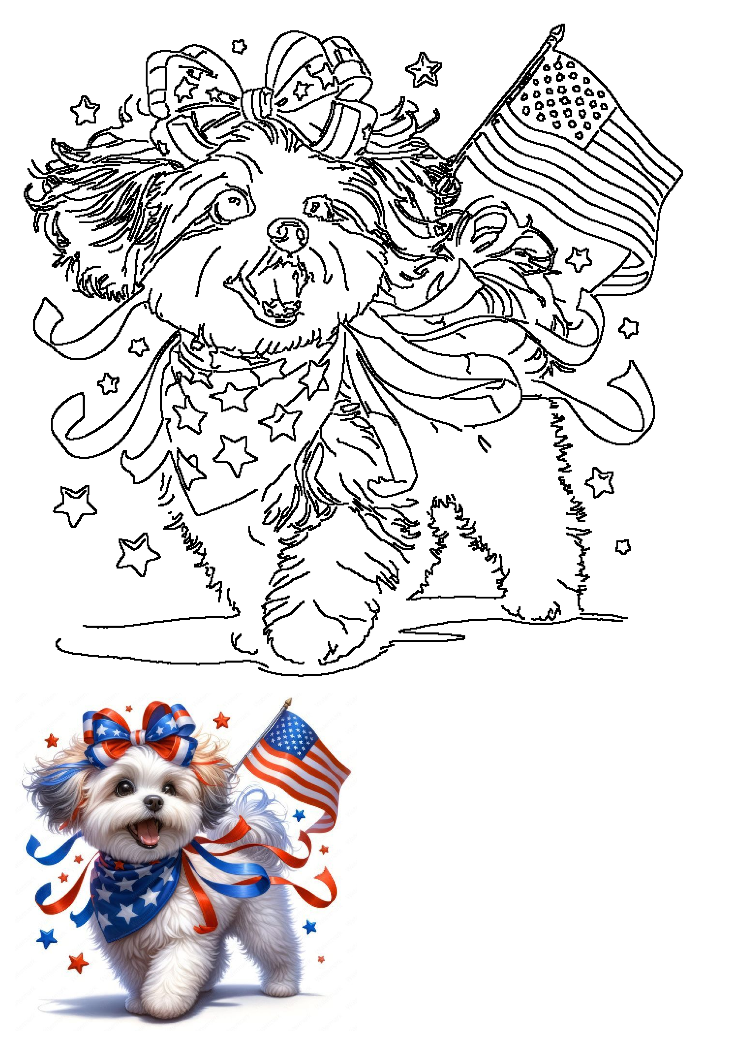 An adorable outline illustration of a patriotic puppy, adorned with a star-spangled bow, bandana, and an American flag.