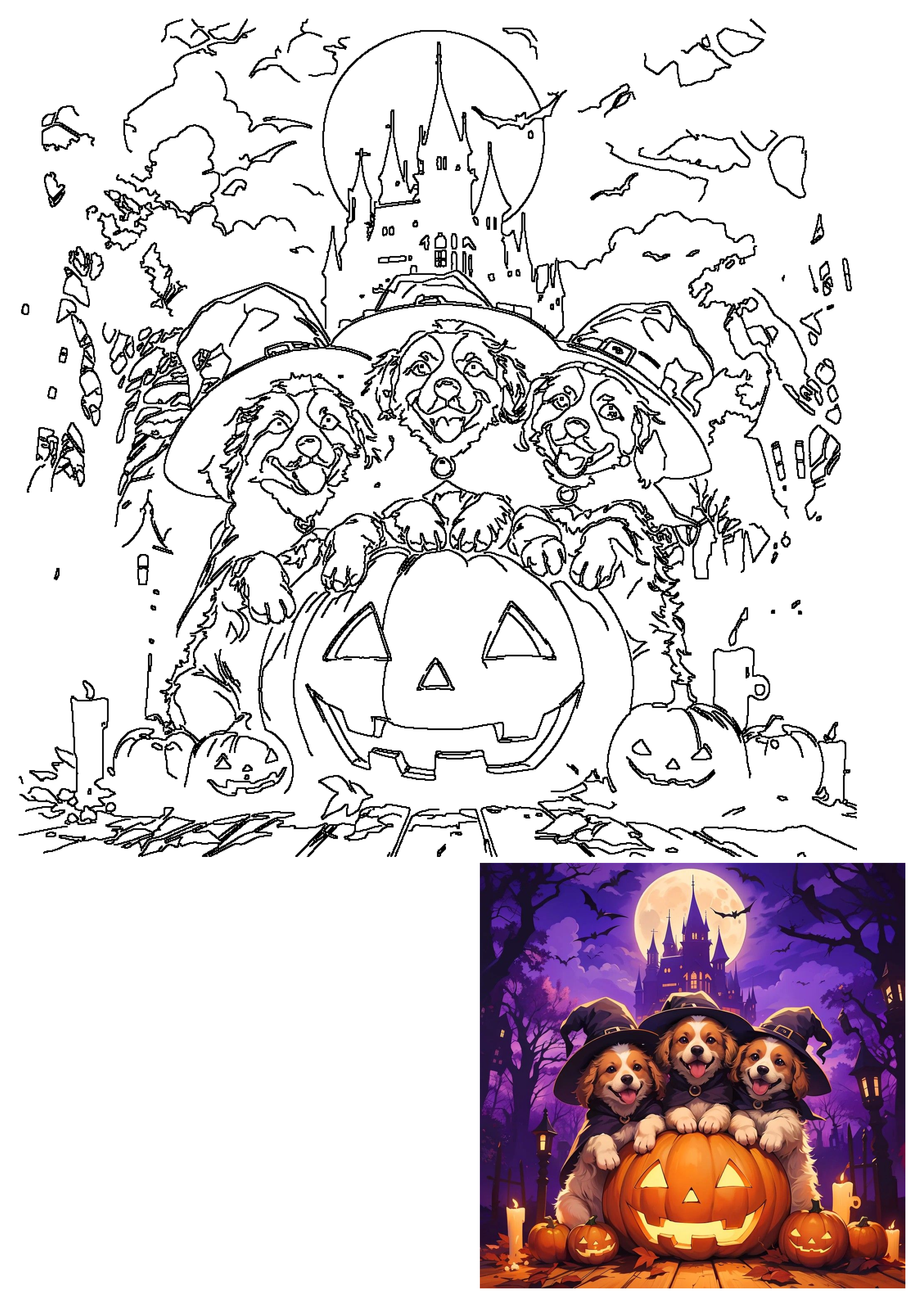 Three cute puppies in witch hats sit on a glowing jack-o'-lantern with a spooky castle, full moon, and bats in the Halloween night.