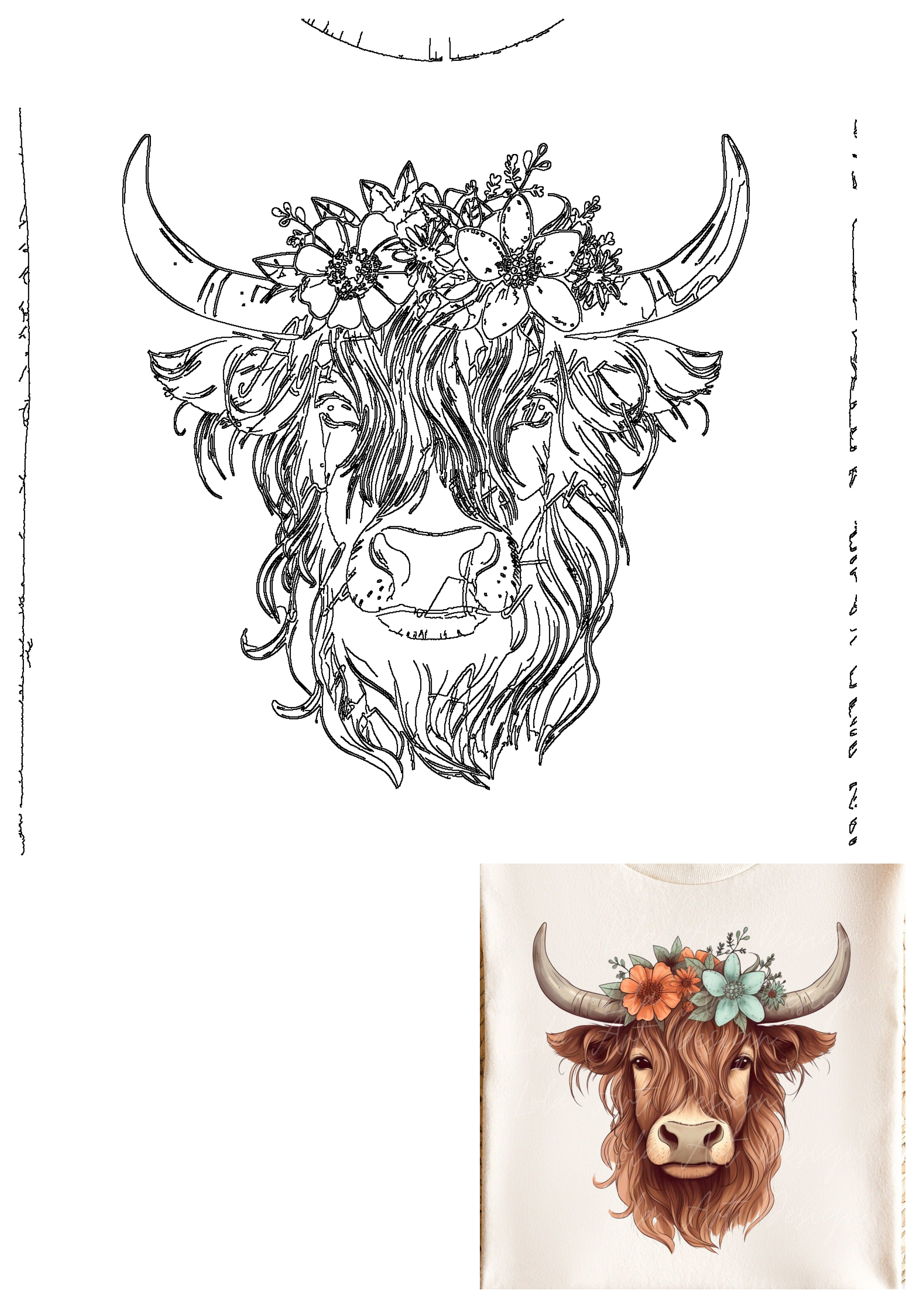 Adorable Highland cow with a vibrant floral crown featuring orange and teal flowers. Ideal PNG sublimation design for custom apparel, gifts, and decor. Includes outline.