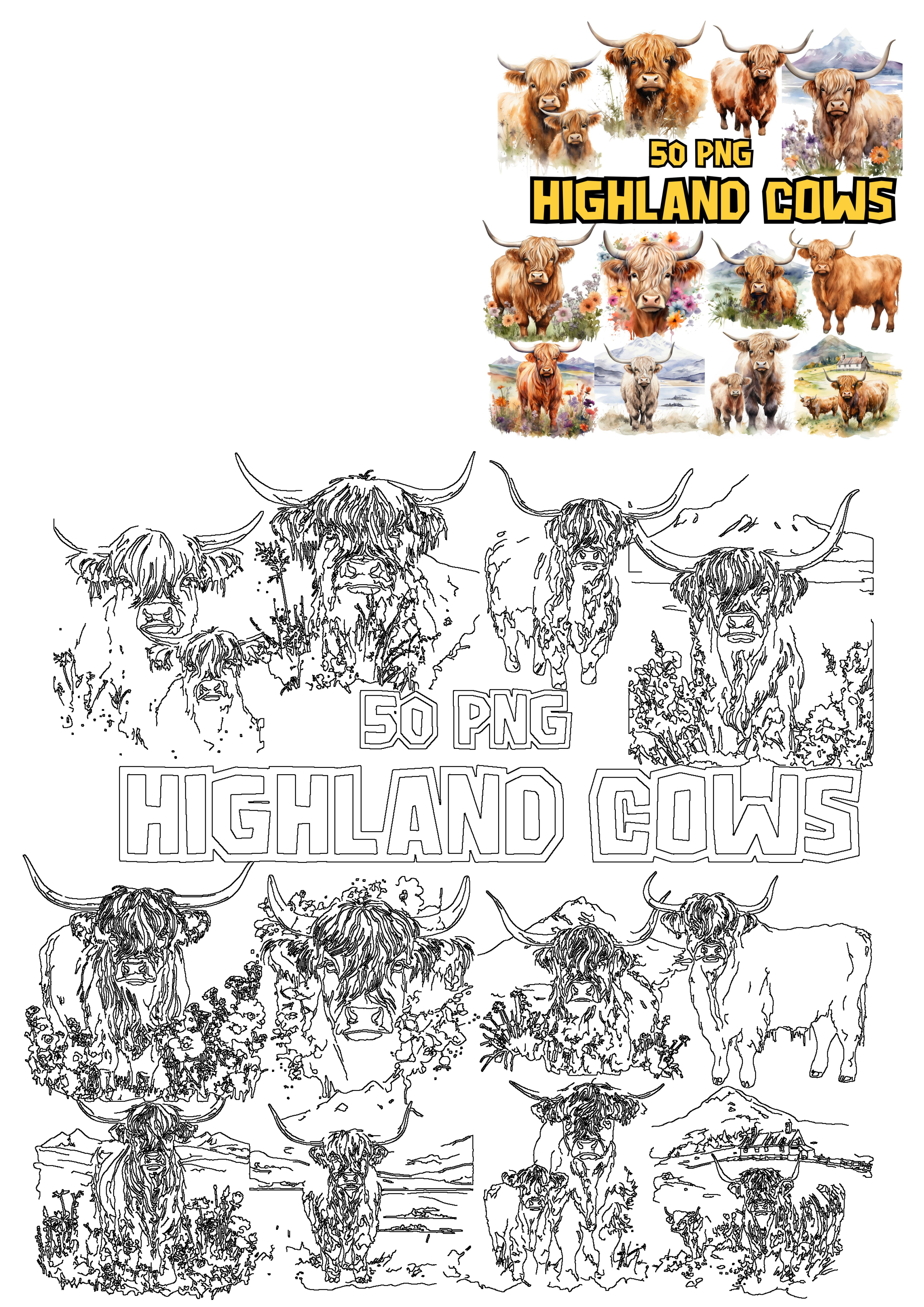 Watercolor Highland Cows Clipart Nursery Decor bundle featuring fluffy cows and calves in scenic meadows, available as vibrant PNGs and line art.