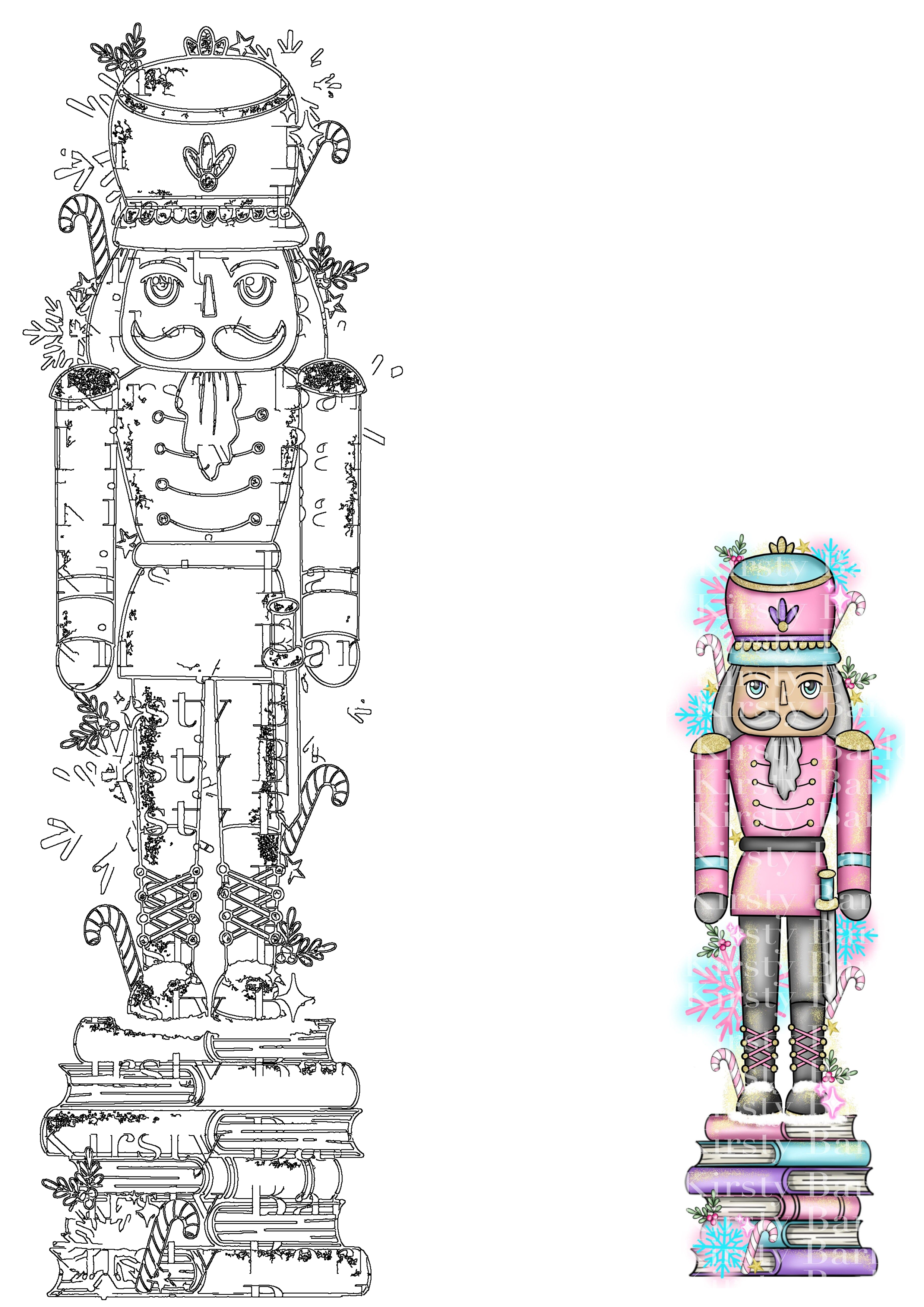 Vibrant pink and blue nutcracker doll atop pastel books with candy canes, holly, and snowflakes, alongside a matching outline for craft projects.