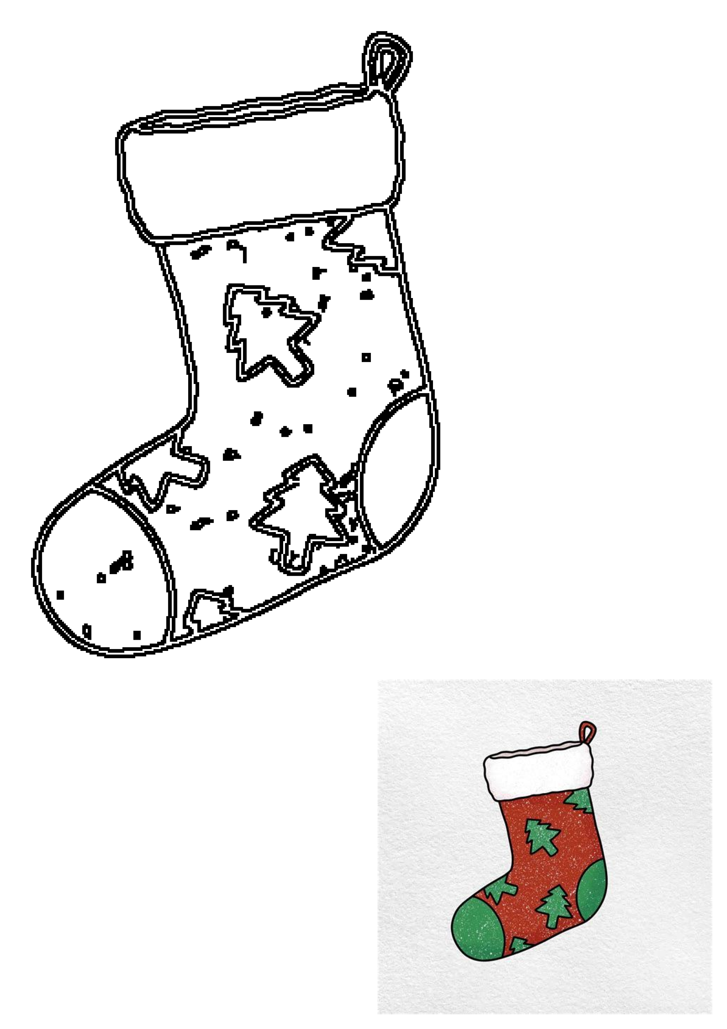 A vibrant Christmas stocking adorned with a festive red and green Christmas tree pattern, presented in both outlined and colored versions.