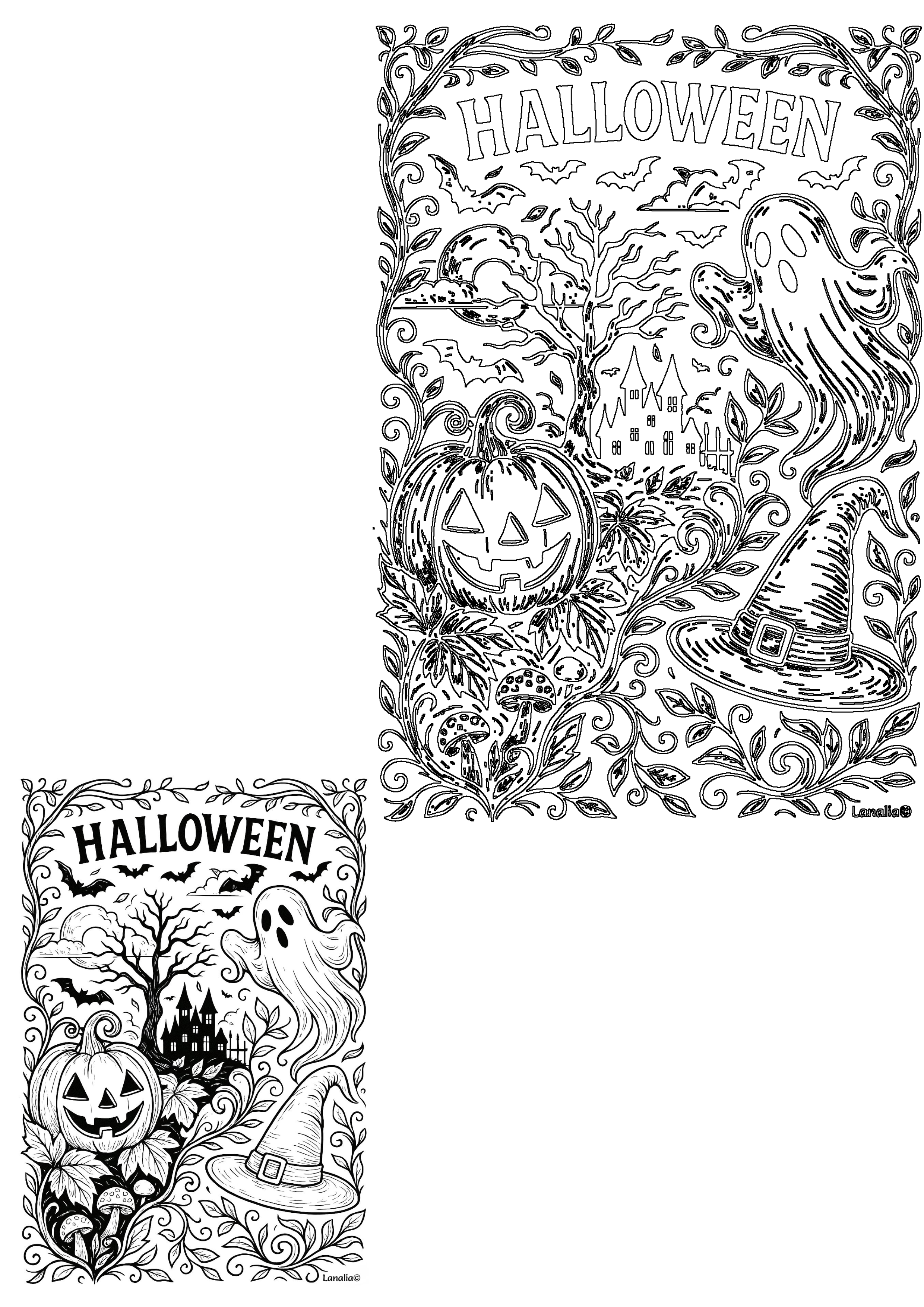 Detailed Halloween spooky scene with grinning pumpkins, a friendly ghost, haunted castle, witch's hat, bats, and a spooky tree.