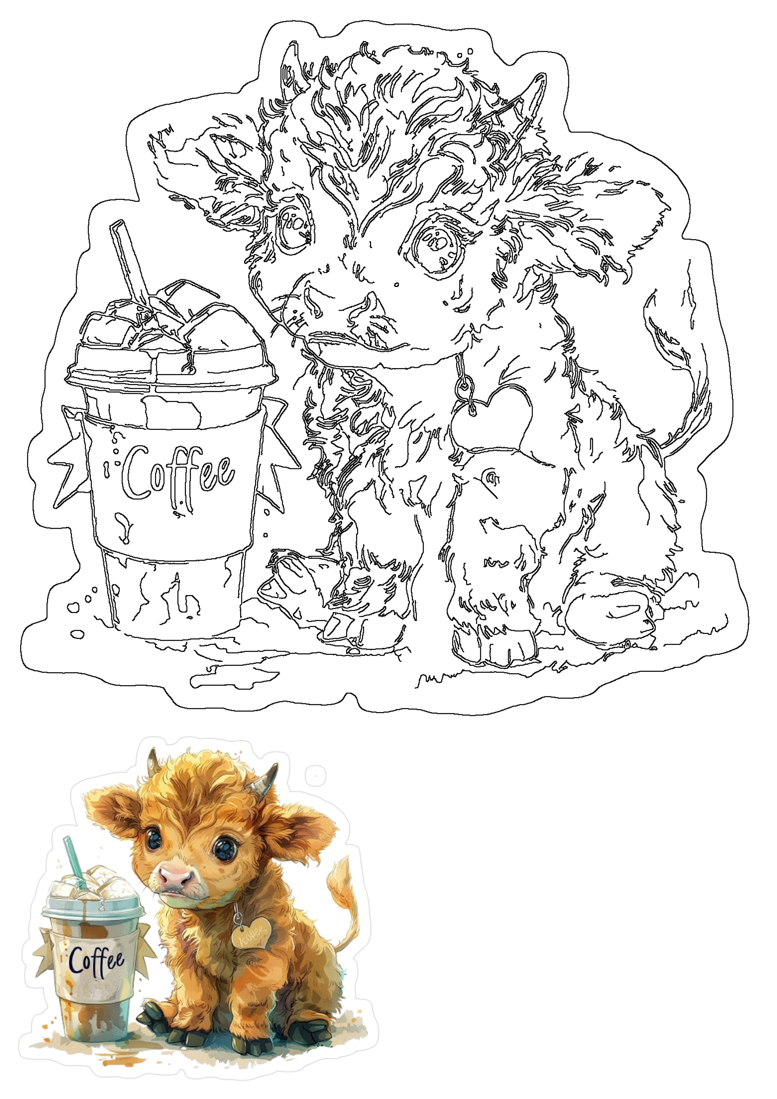 Adorable fluffy Highland calf coffee addict, with an iced coffee cup, makes a charming farmhouse fun decor sticker.