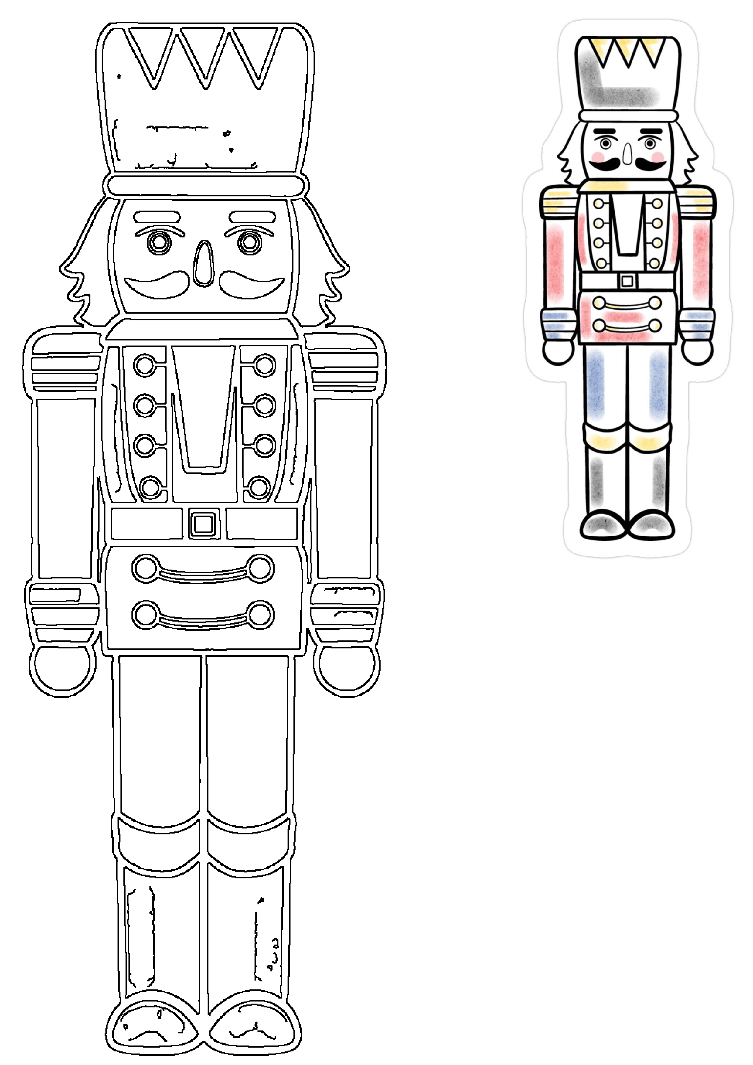 A nutcracker soldier illustration featuring a detailed black outline and a smaller, vibrantly colored version for festive designs.